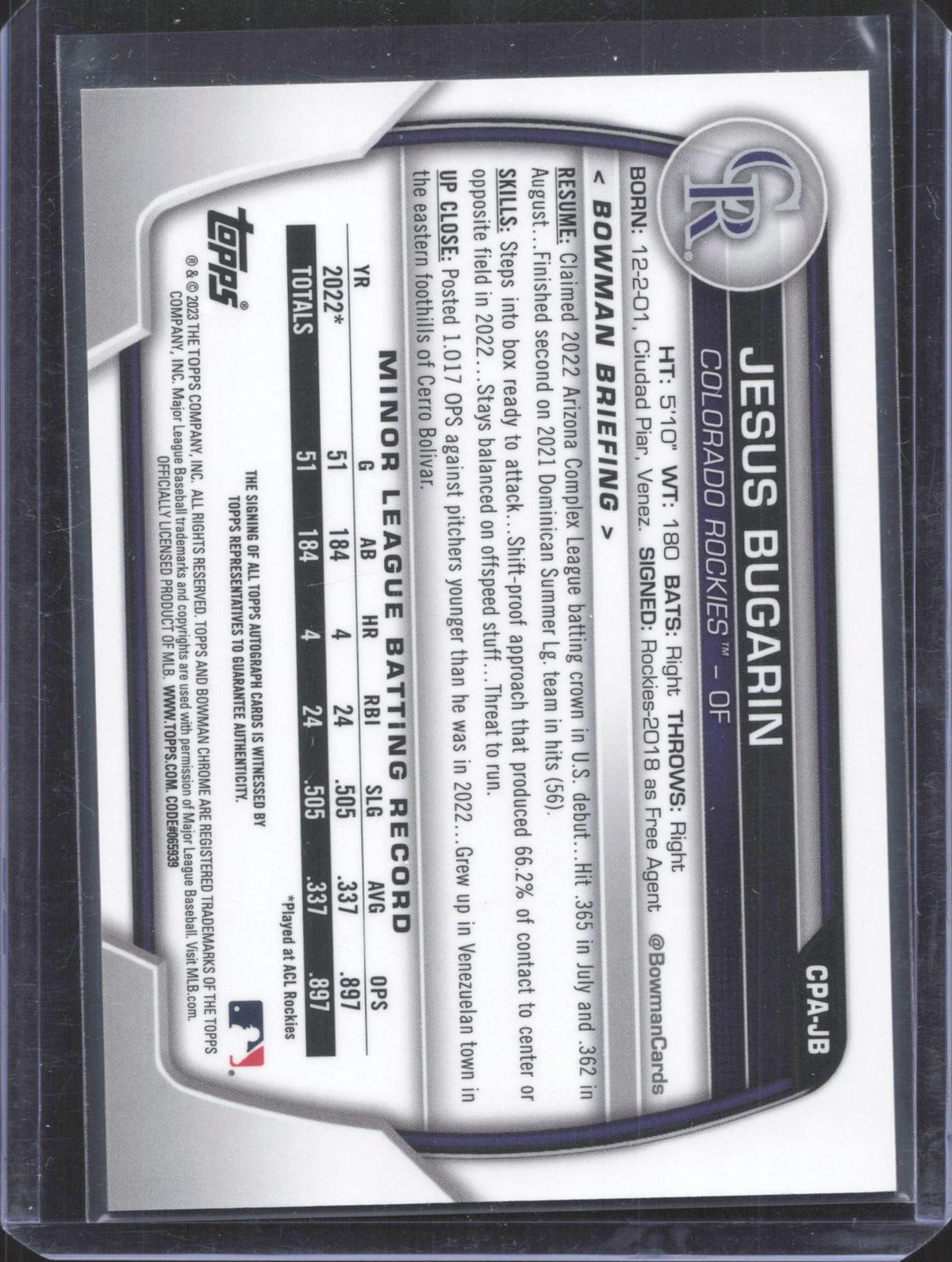 Bowman 2023 Bowman Chrome Jesus Bugarin #CPA-JB Prospect Autographs