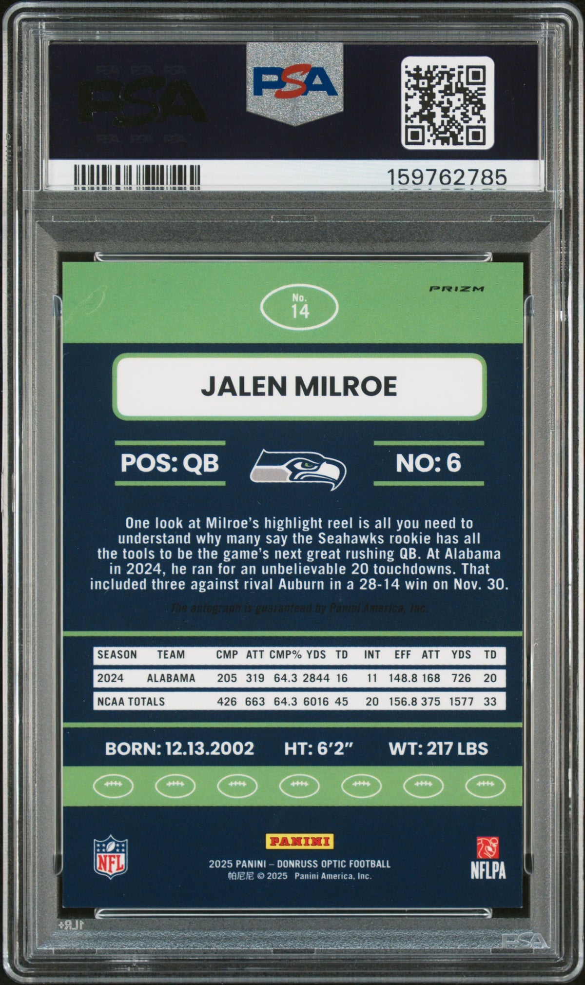 2025 Donruss Optic #14 Jalen Milroe 2015 Retro Autographs PSA 9