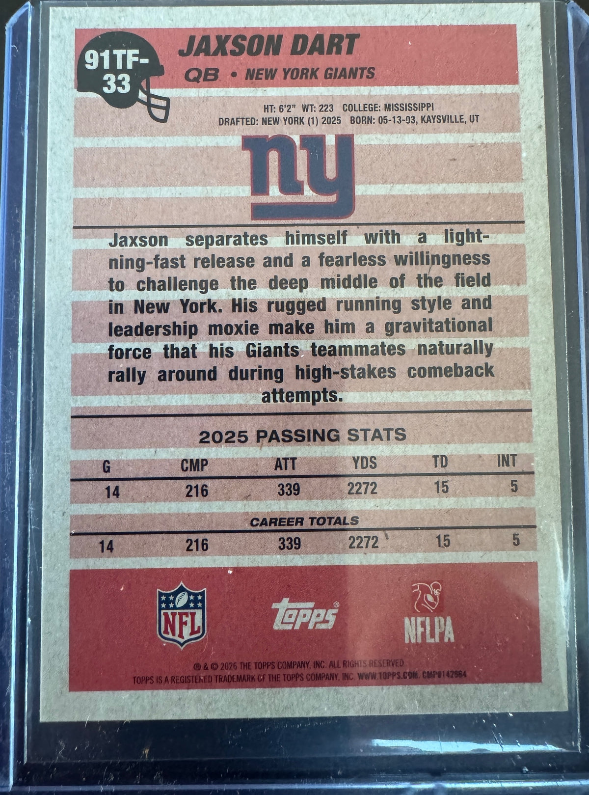 Topps 2026 Topps Flagship Jaxson Dart #91TF-33 Pink 1991 Topps Football