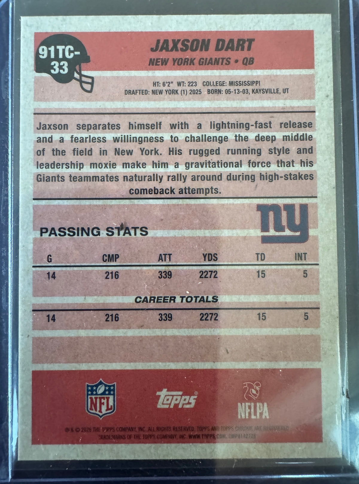 Topps 2026 Topps Flagship Jaxson Dart #91TC-33 Bue Mojo 1991 Football