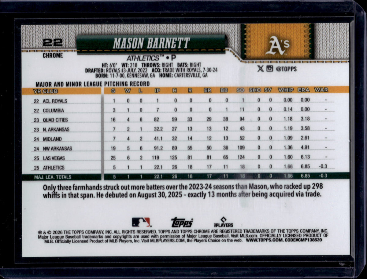 Topps 2026 Topps Chrome Mason Barnett #22 Gold Refractors