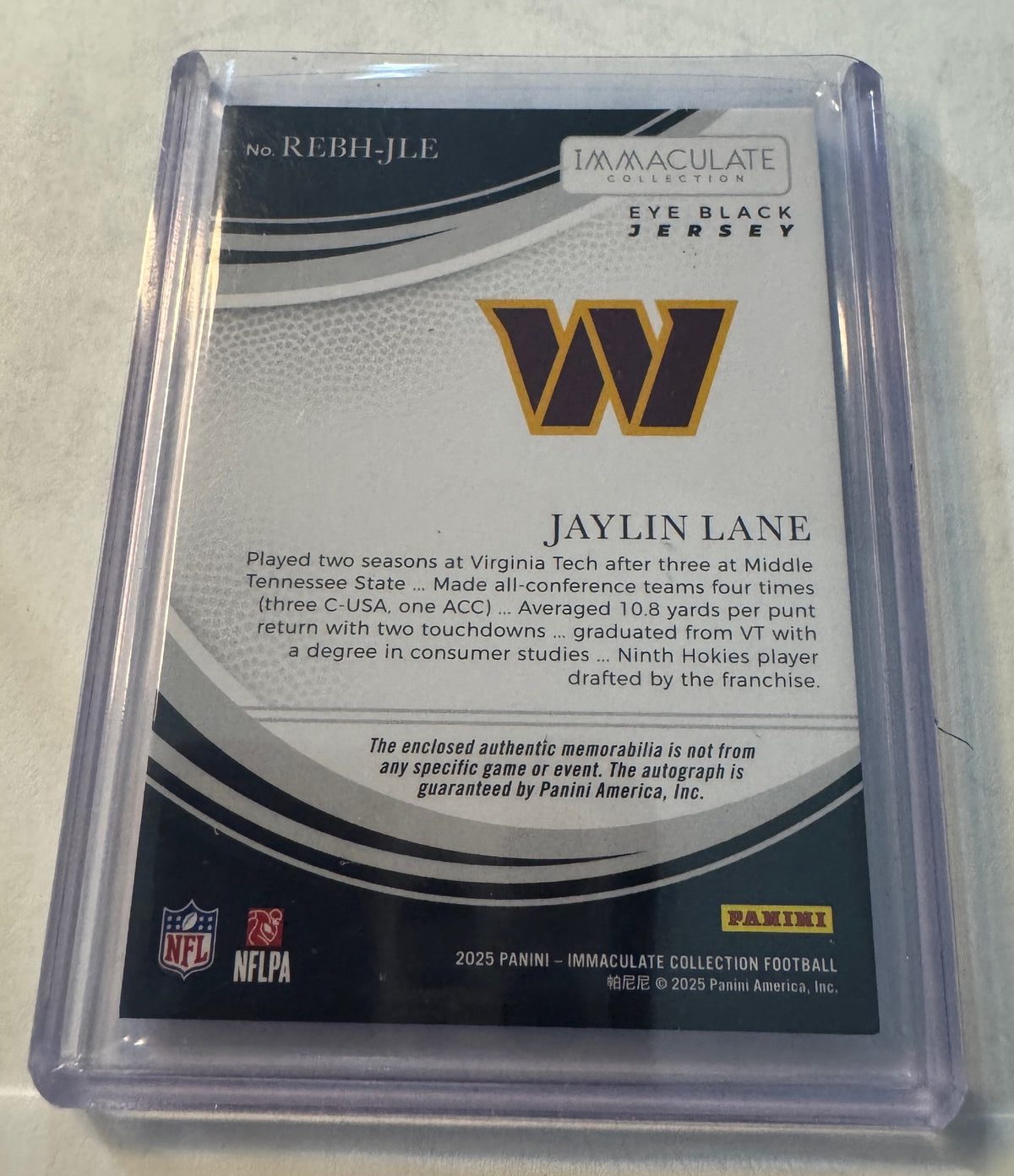 2025 Panini Immaculate Collection Jaylin Lane #REBH-JLE Rookie Eye Black Jersey