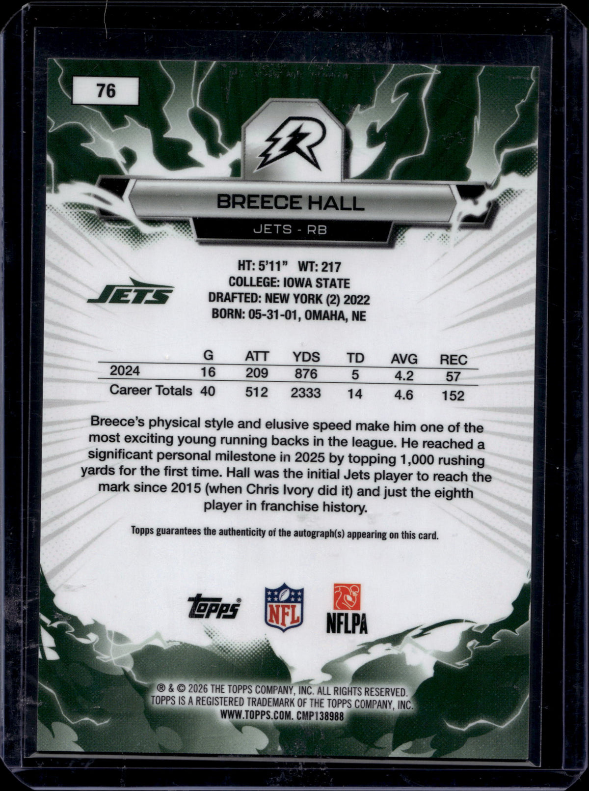 Topps 2025 Topps Resurgence Breece Hall #76 Auto Blue Surge Refractor