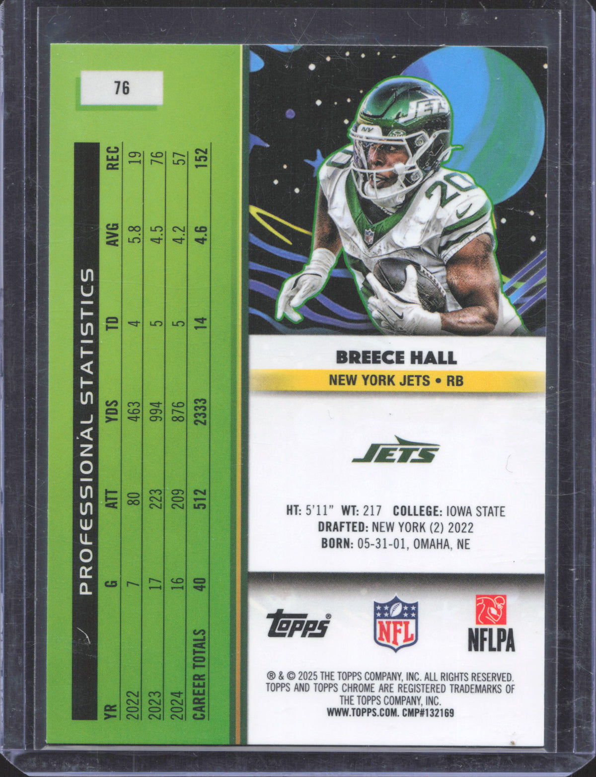 Topps 2025 Topps Chrome Cosmic Breece Hall #76 Aqua Equinox Refractor
