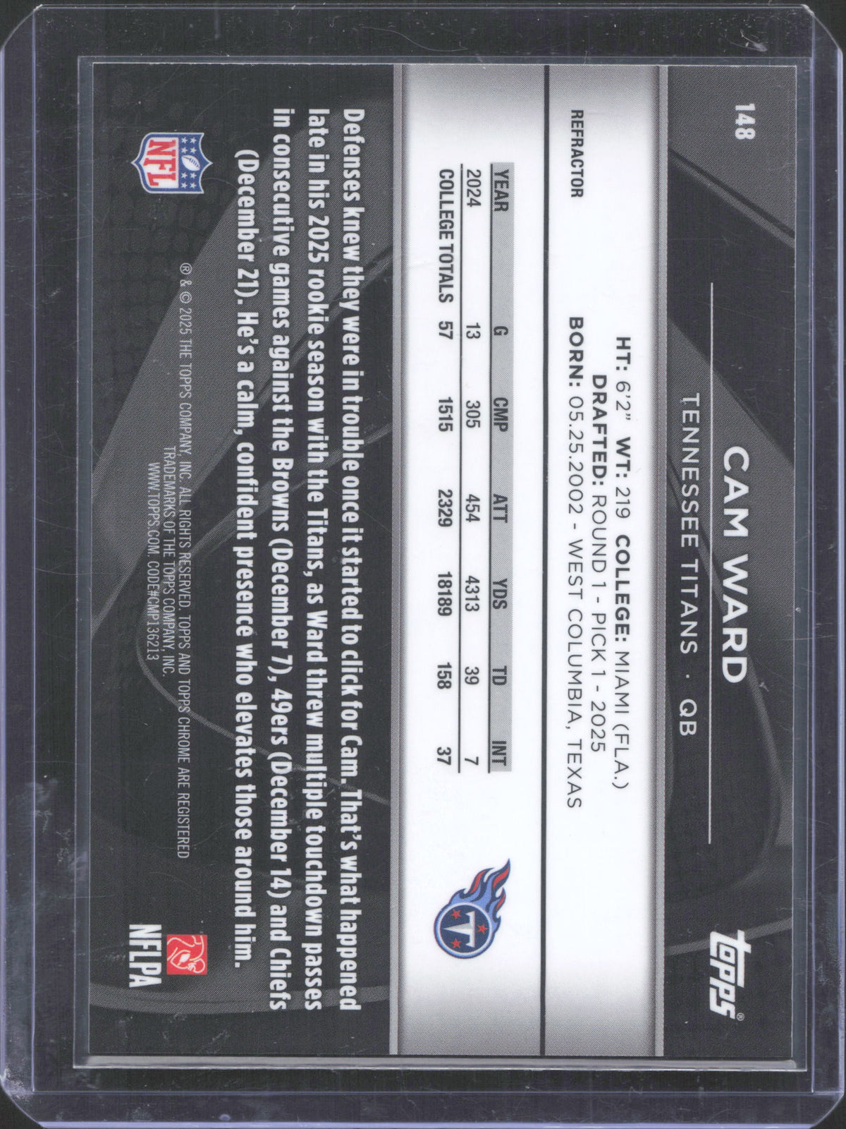 Topps 2025 Topps Chrome Black Cam Ward #148 Refractor