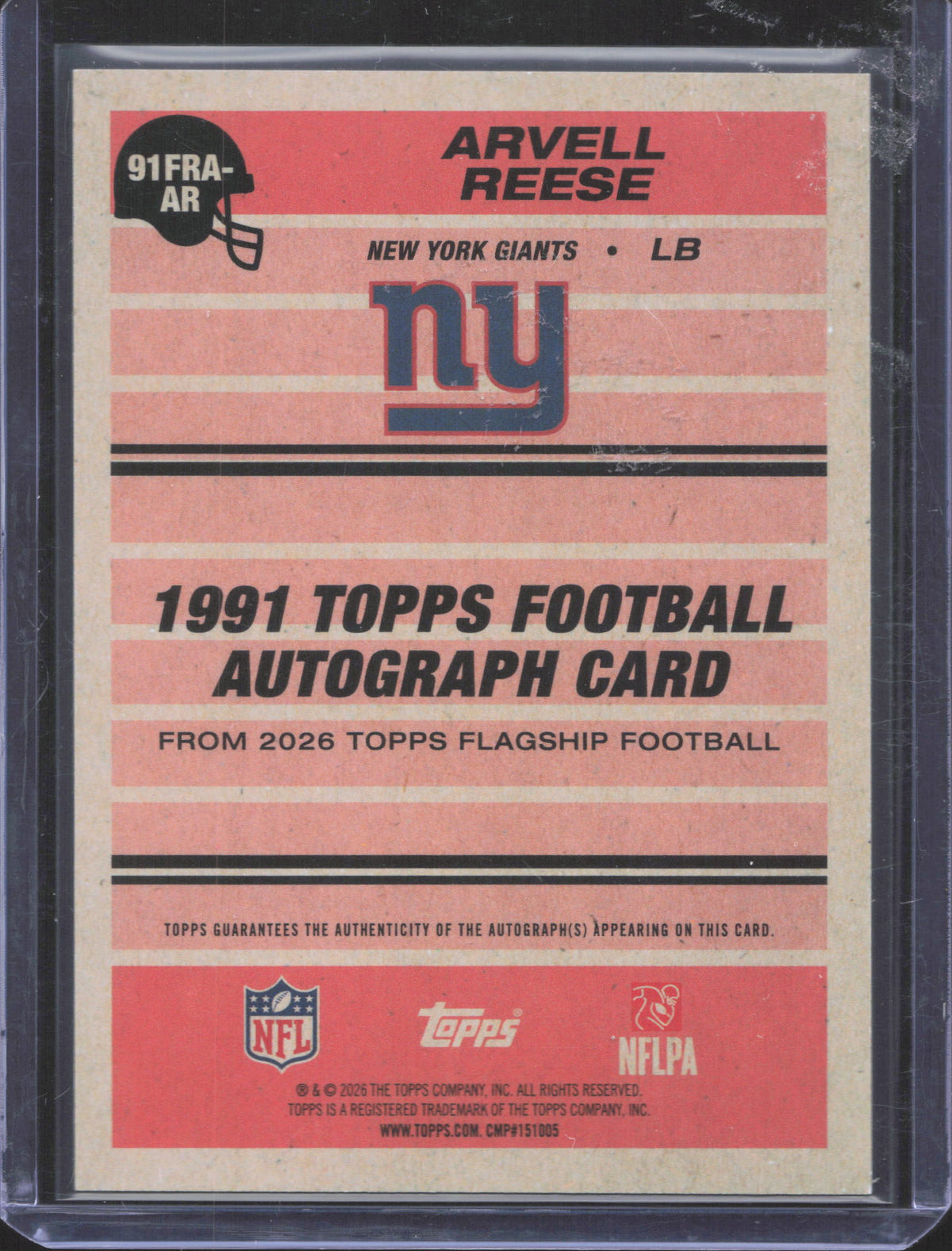 2026 Topps Flagship Arvell Reese #91FRA-AR 1991 Topps Football Rookie Autographs