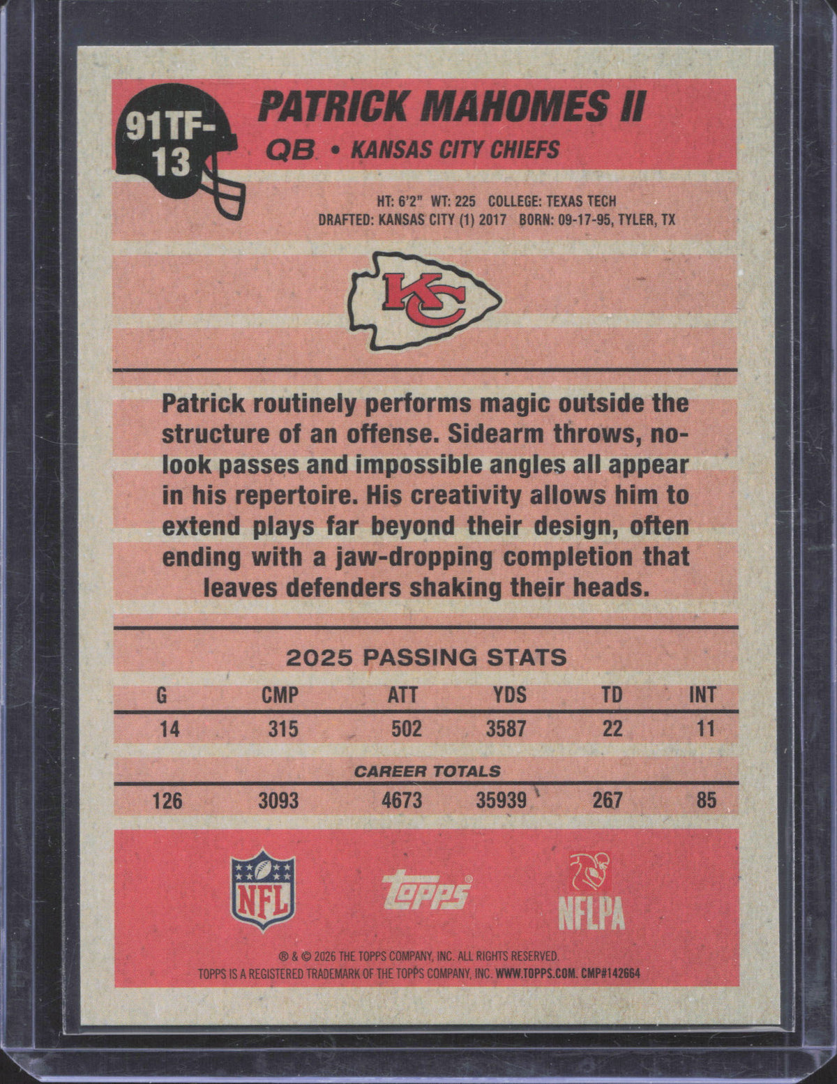 Topps 2026 Topps Flagship Patrick Mahomes II #91TF-13 1991 Topps Football