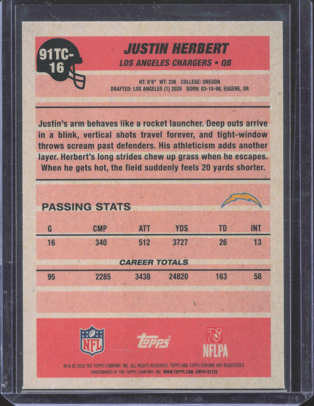 Topps 2026 Topps Flagship Justin Herbert #91TC-16 1991 Topps Football Chrome