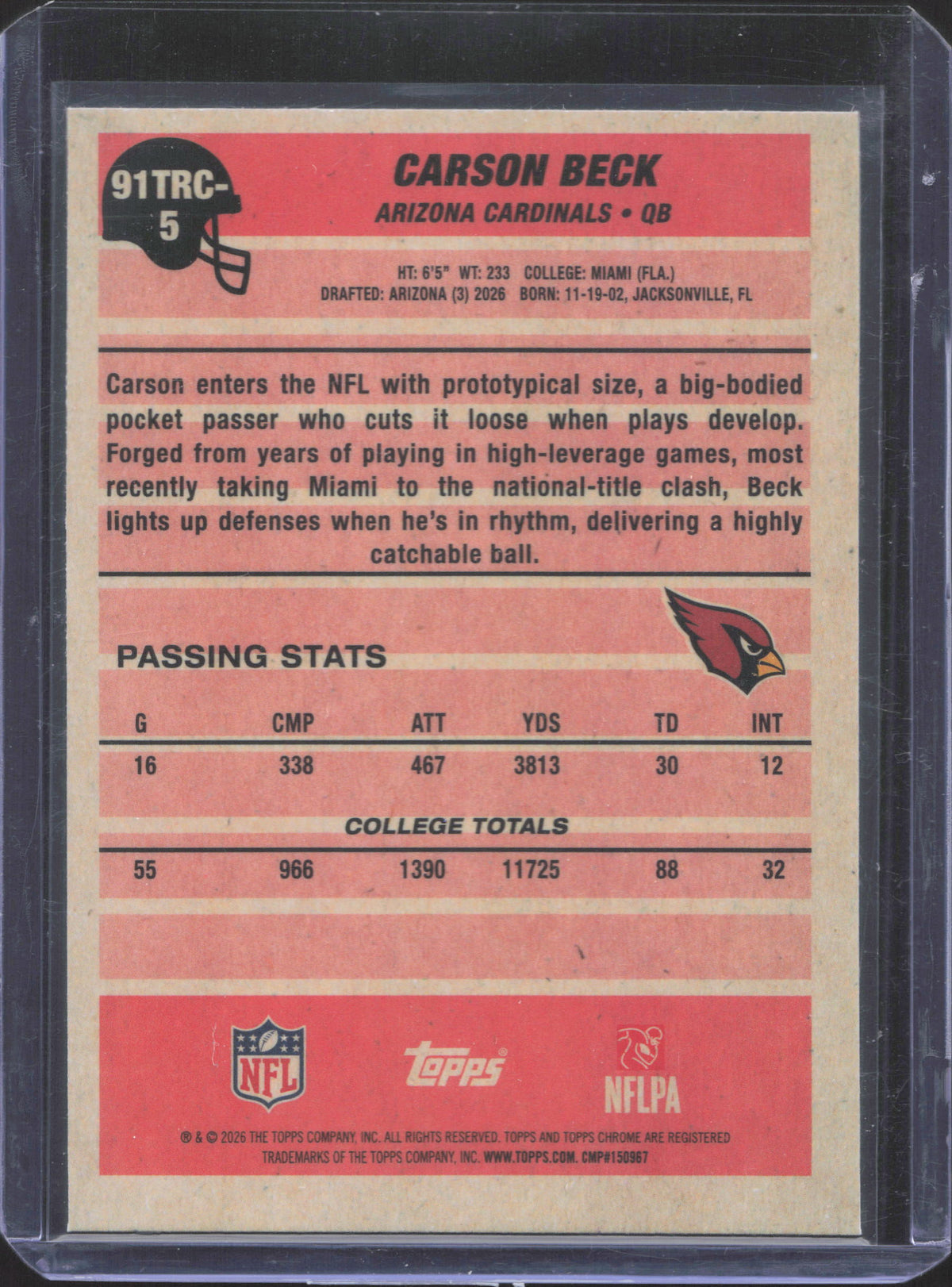 2026 Topps Flagship Carson Beck #91TRC-5 1991 Topps Football Rookies Chrome