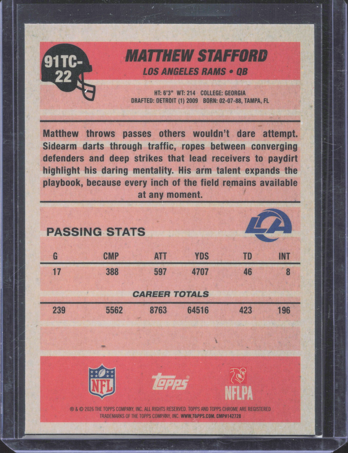 Topps 2026 Topps Flagship Matthew Stafford #91TC-22 1991 Topps Football Chrome