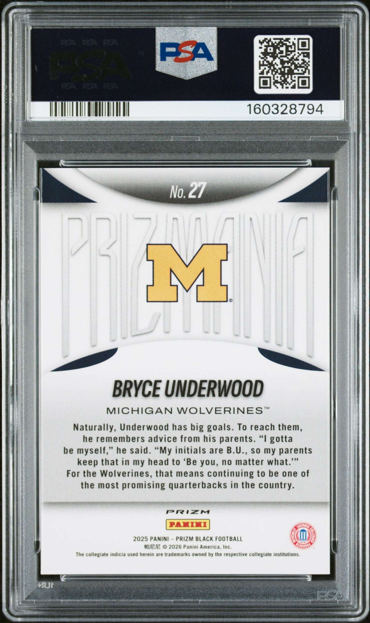 2025 Panini Prizm Black Prizmania #27 Bryce Underwood PSA 9