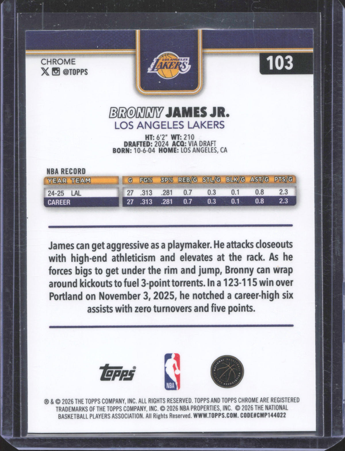 2025-26 Topps Chrome Update Bronny James Jr. #103 /199