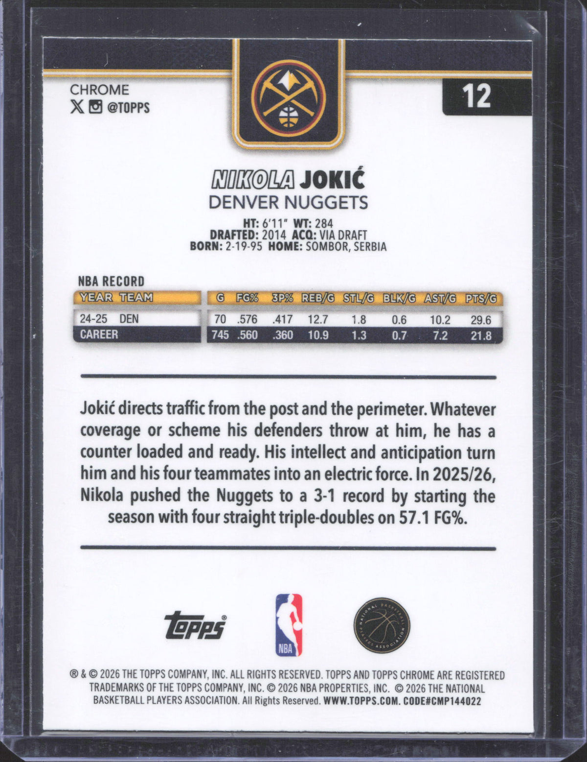 Topps 2025-26 Topps Chrome Update Nikola Jokić #12 Xfractor