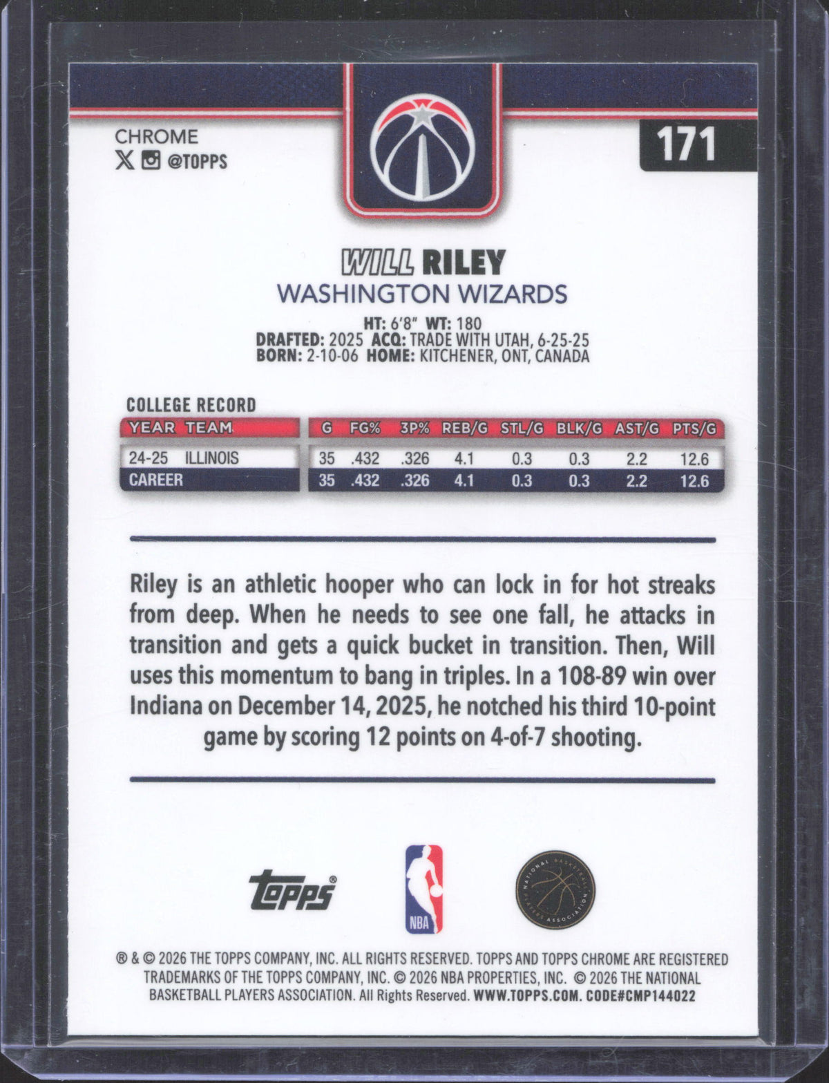 Topps 2025-26 Topps Chrome Update Will Riley #171