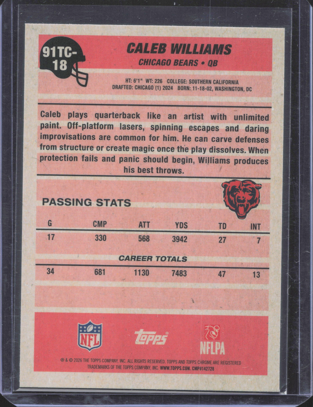 2026 Topps Flagship Caleb Williams #91TC-18 1991 Topps Football Chrome