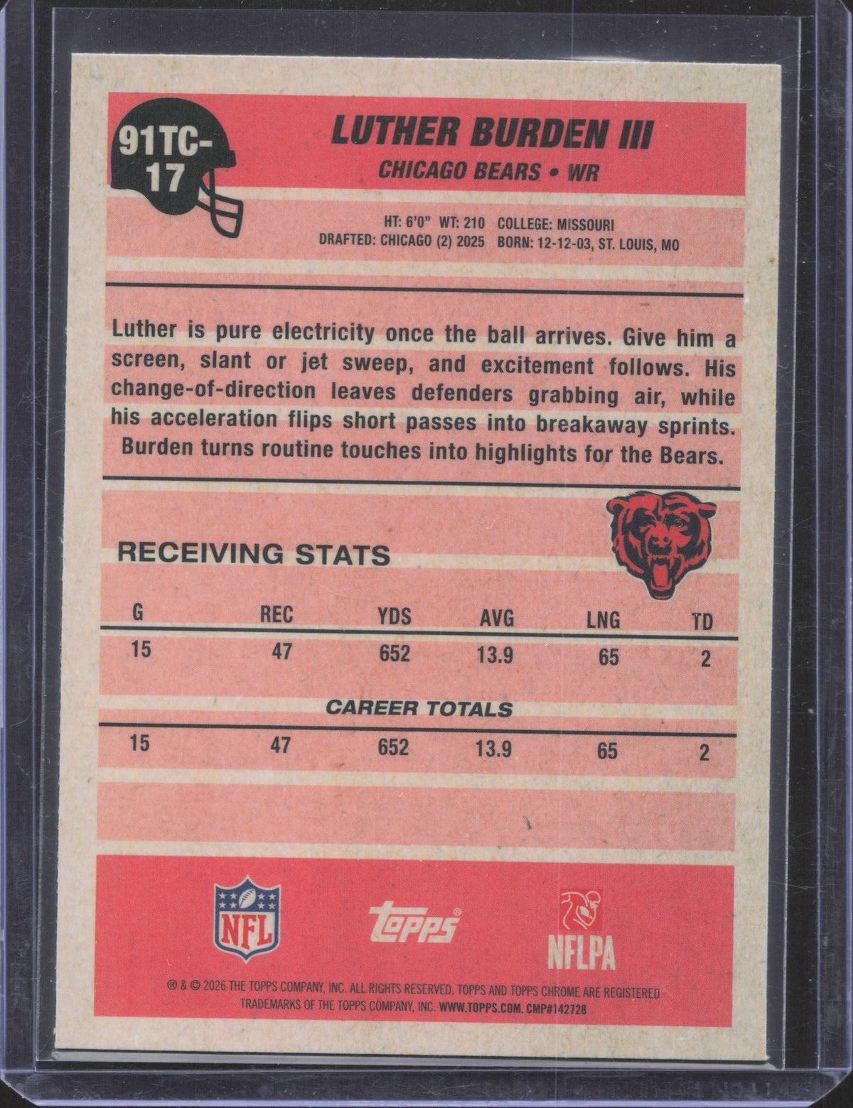 2026 Topps Flagship Luther Burden III #91TC-17 1991 Topps Football Chrome