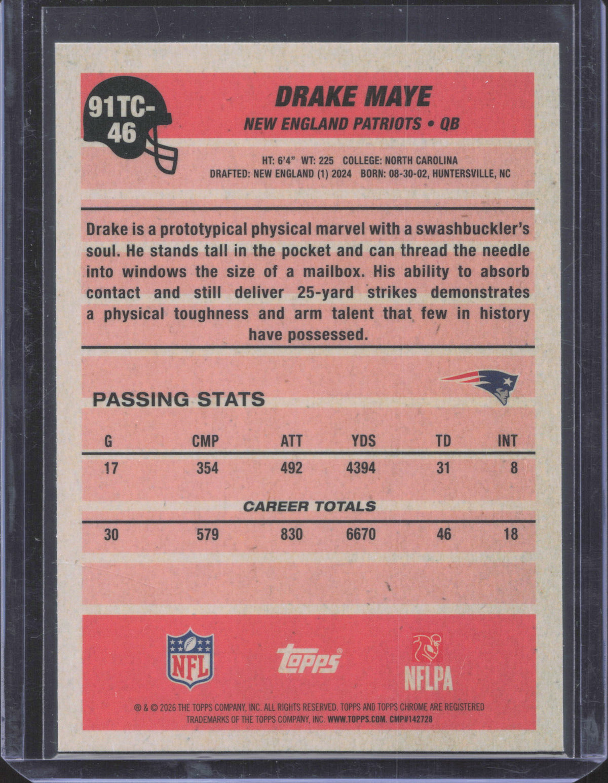 2026 Topps Flagship Drake Maye #91TC-46 1991 Topps Football Chrome Aqua