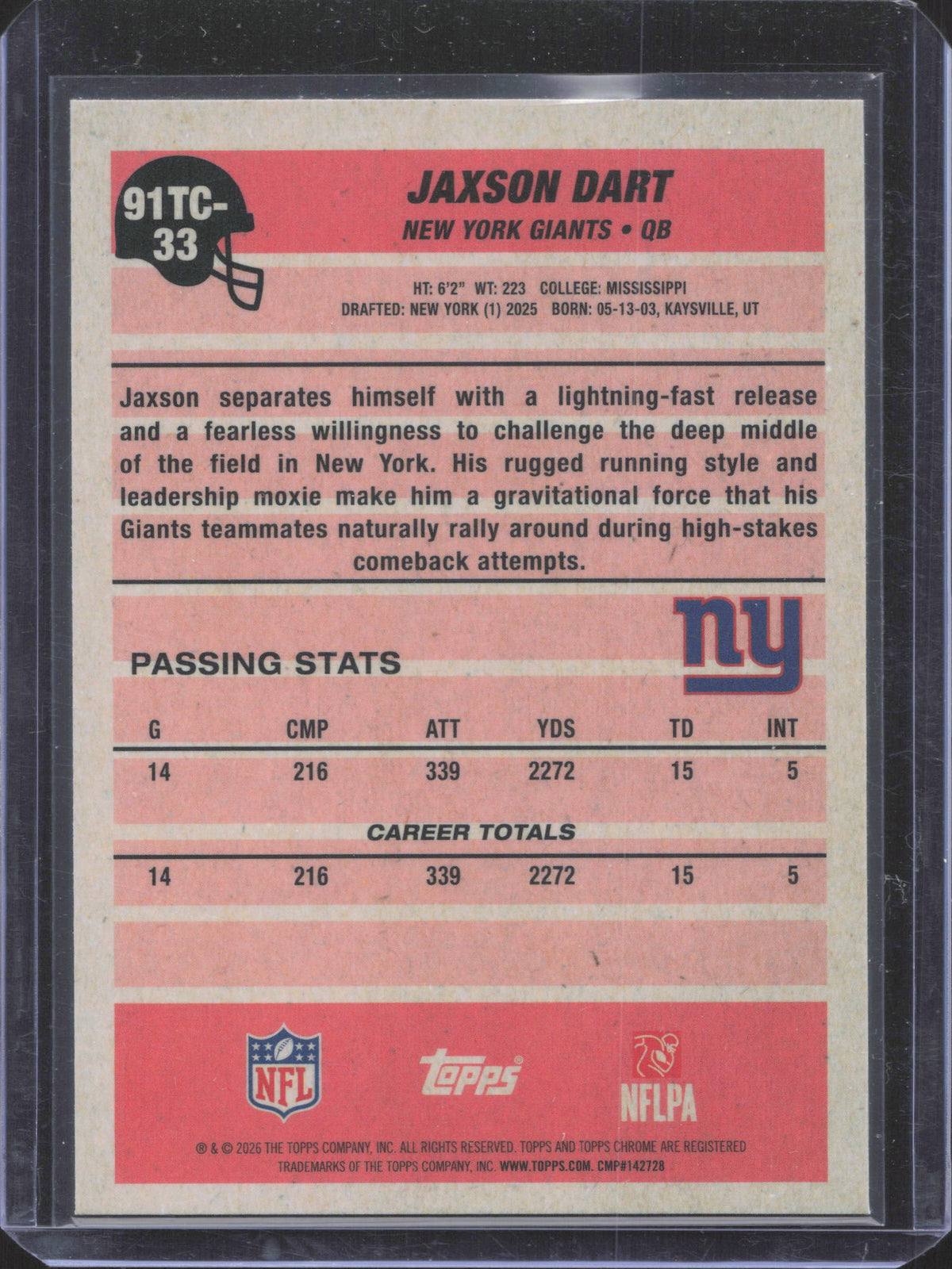 2026 Topps Flagship #91TC-33 Jaxson Dart 1991 Topps Football Chrome