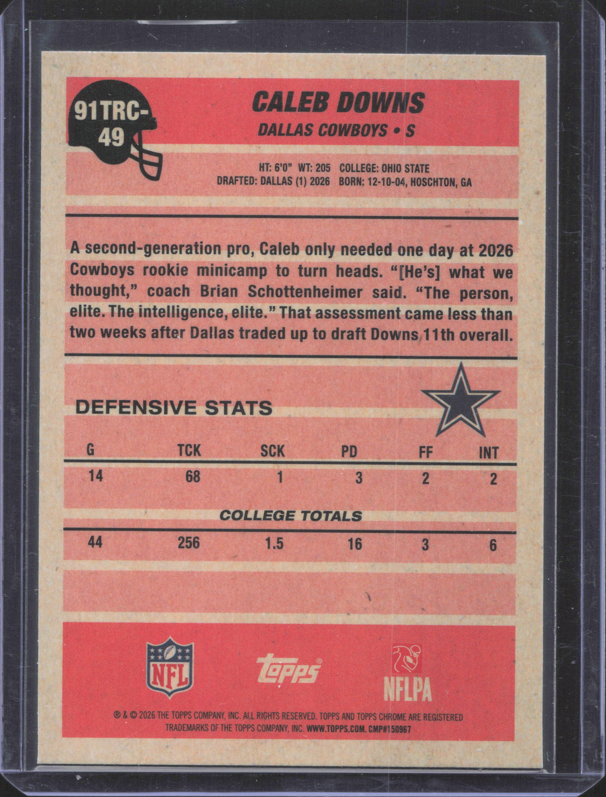 2026 Topps Flagship Caleb Downs #91TRC-49 1991 Topps Football Rookies MOJO