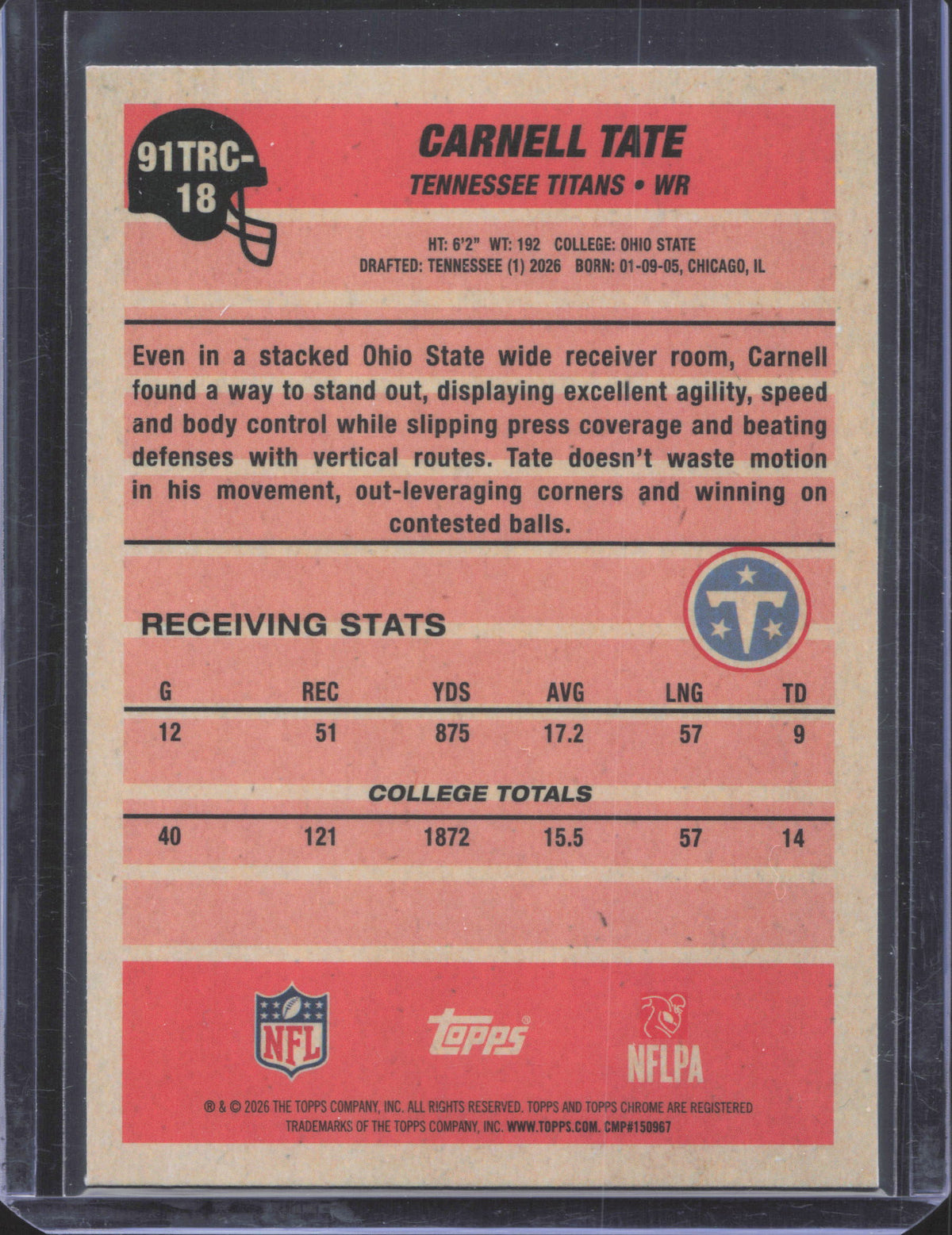 2026 Topps Flagship Carnell Tate #91TRC-18 1991 Topps Football Rookies MOJO