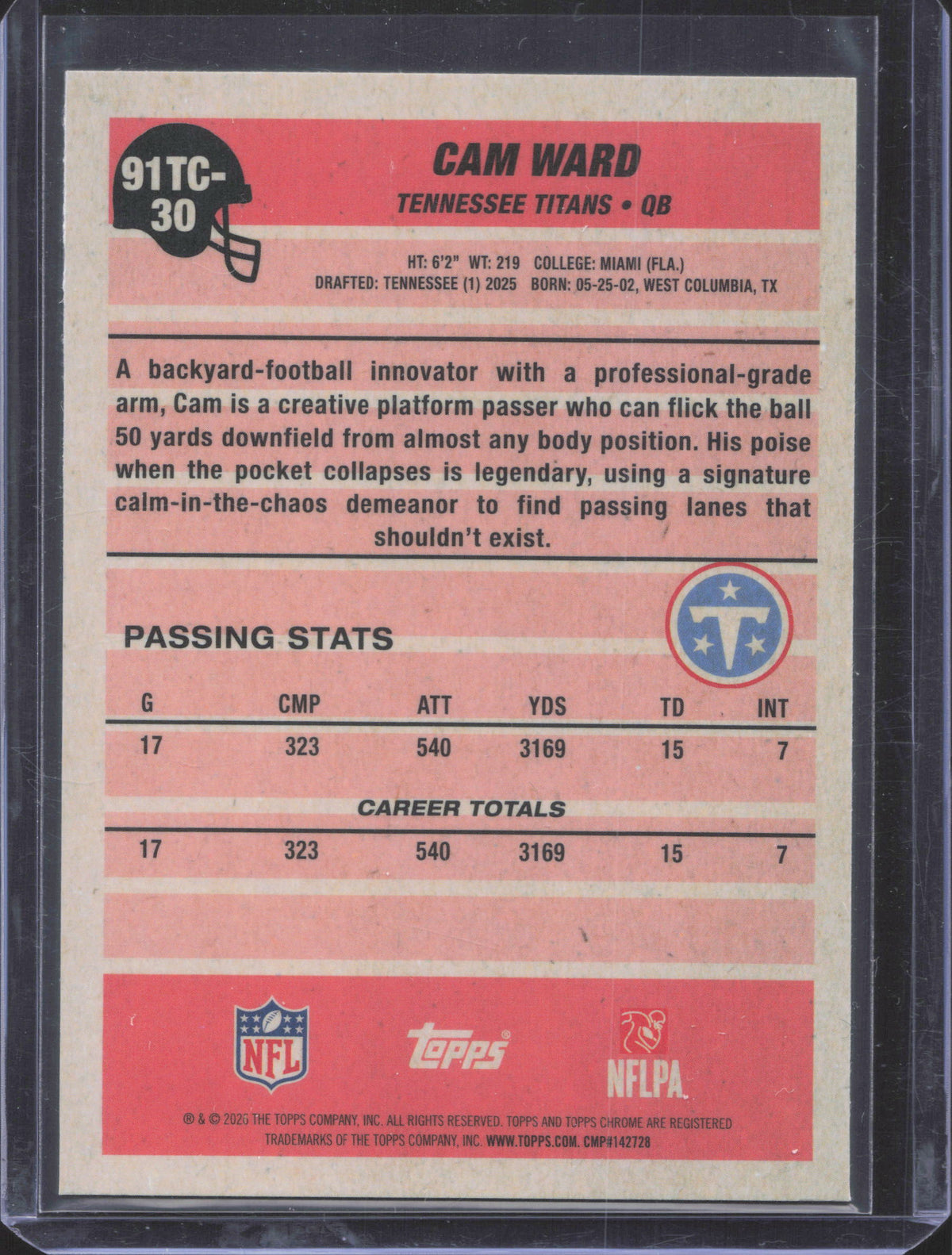 2026 Topps Flagship Cam Ward #91TC-30 1991 Topps Football Chrome