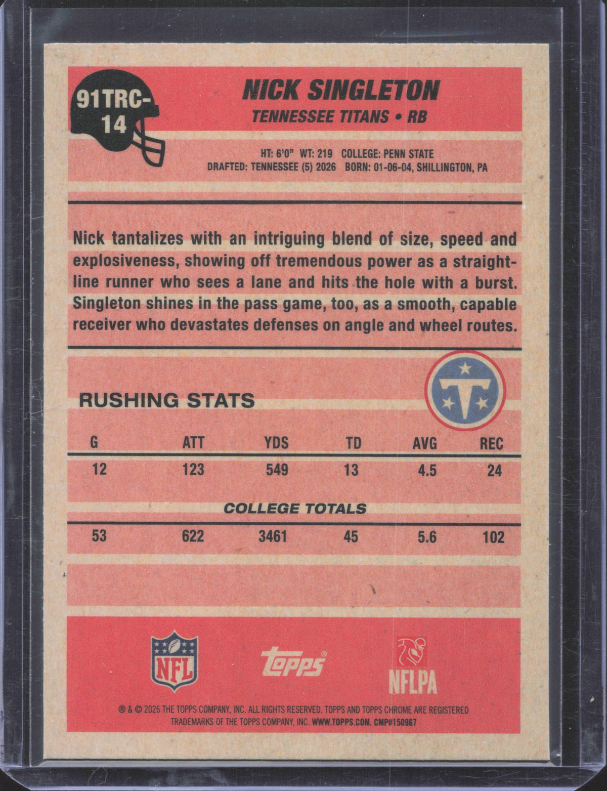 Topps 2026 Topps Flagship Nick Singleton #91TRC-14