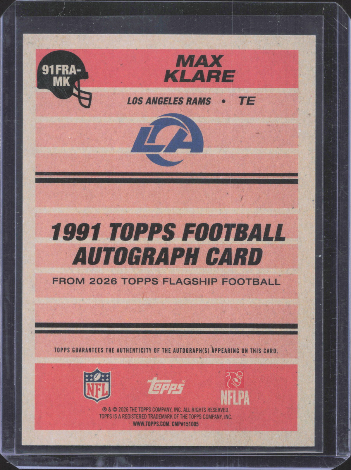 2026 Topps Flagship Max Klare #91FRA-MK 1991 Topps Football Rookie Autographs
