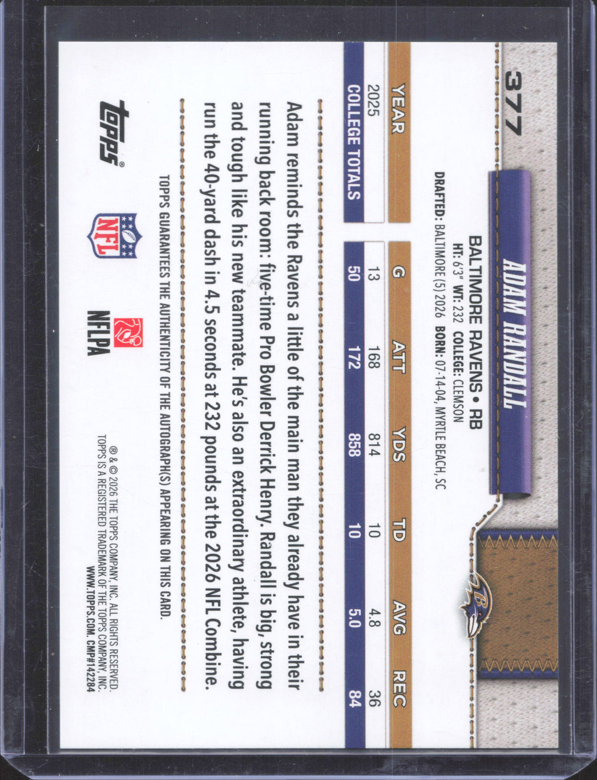 Topps 2026 Topps Flagship Adam Randall #377 Real One Autographs