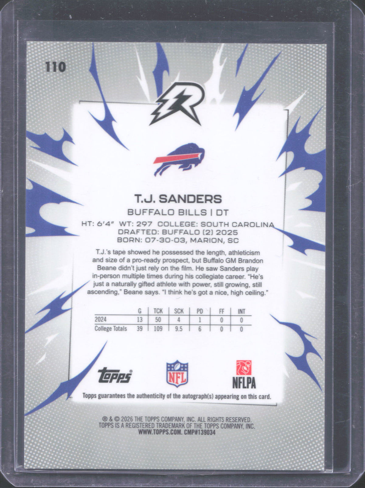 Topps 2025 Topps Resurgence T.J. Sanders #110 Signatures White Surge Refractor