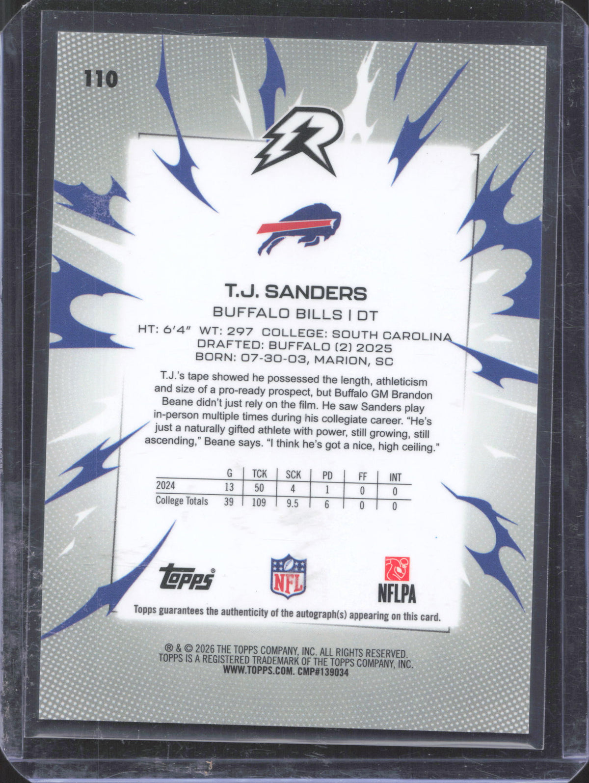 2025 Topps Resurgence T.J. Sanders #110 Signatures Magenta Surge Refractor /299