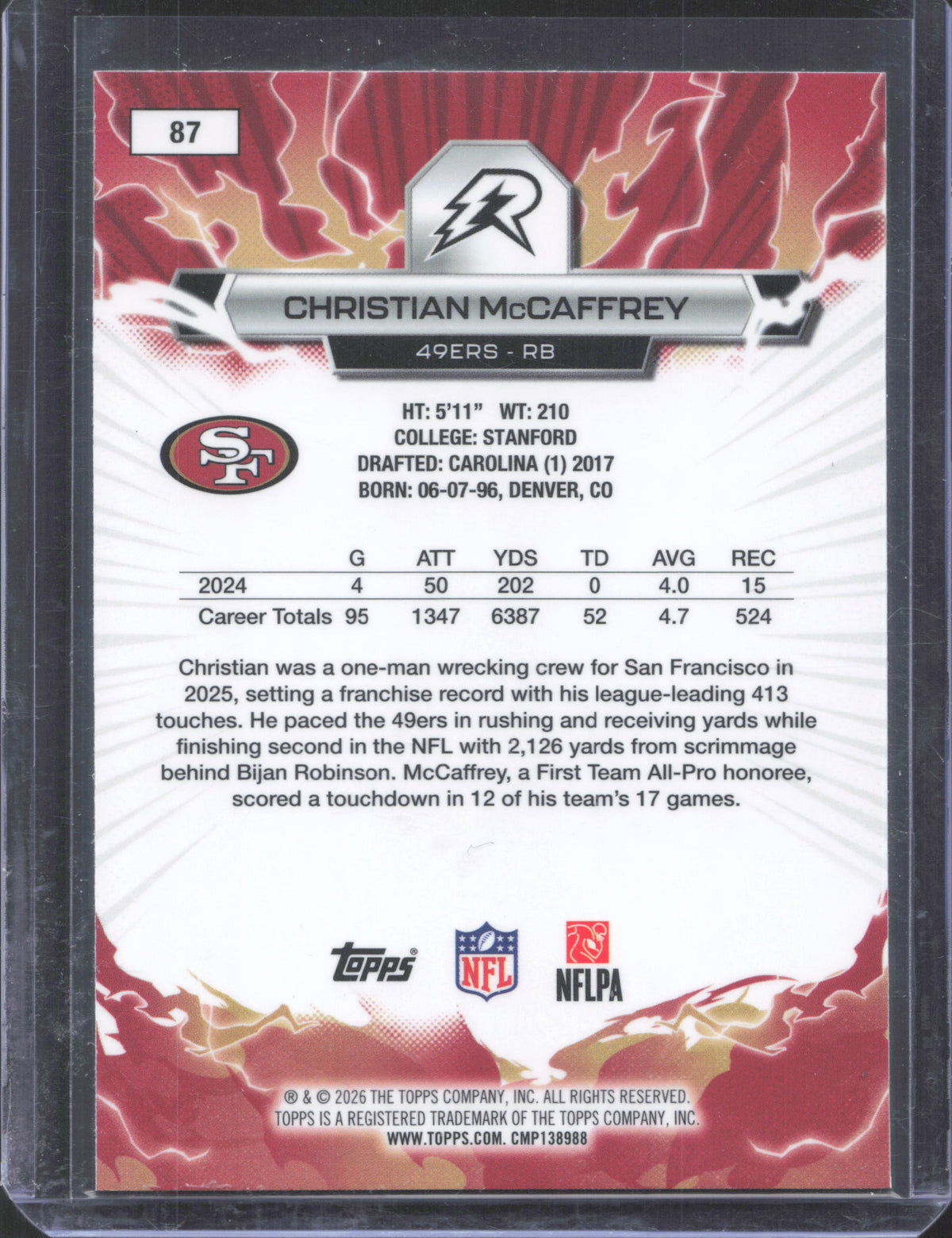Topps 2025 Topps Resurgence Christian McCaffrey #87 Aqua Surge Refractor