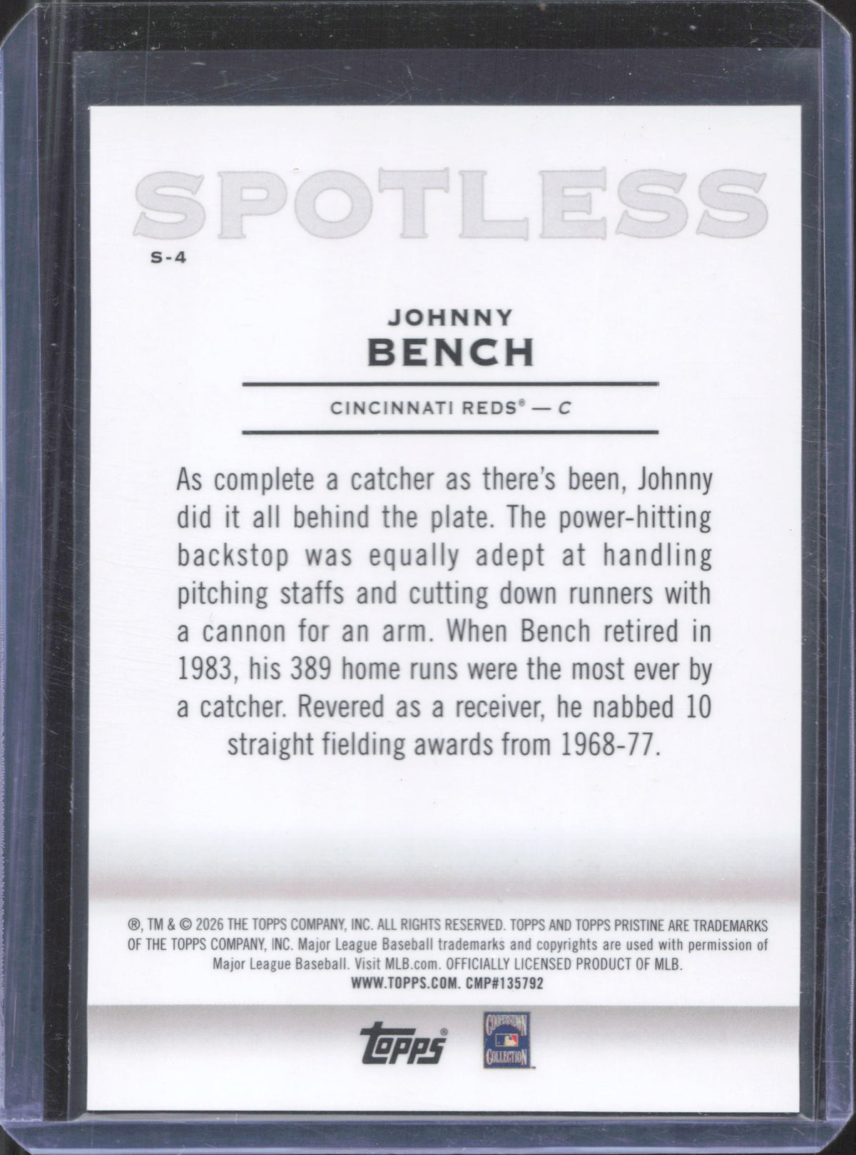 2026 Topps Pristine Johnny Bench #S-4 Spotless Orange /25