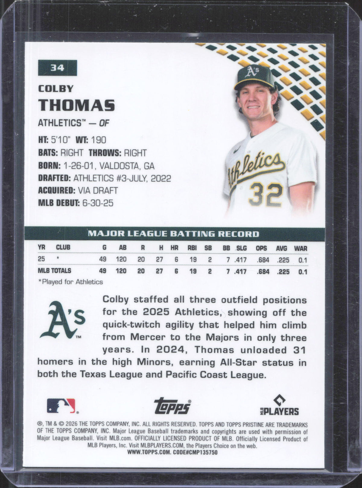 2026 Topps Pristine Colby Thomas #34 Green Refractor /150