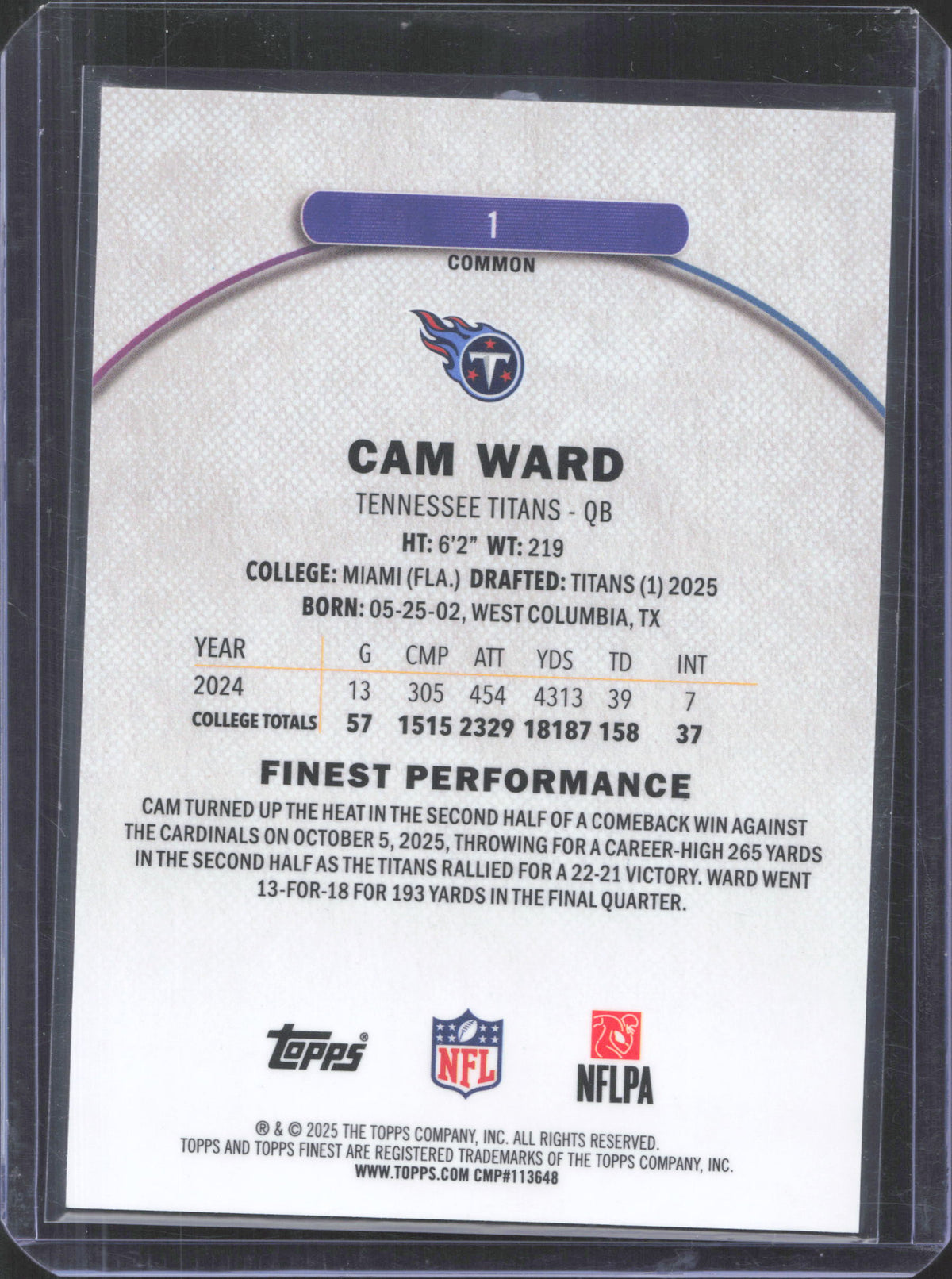 2025 Finest Cam Ward #201