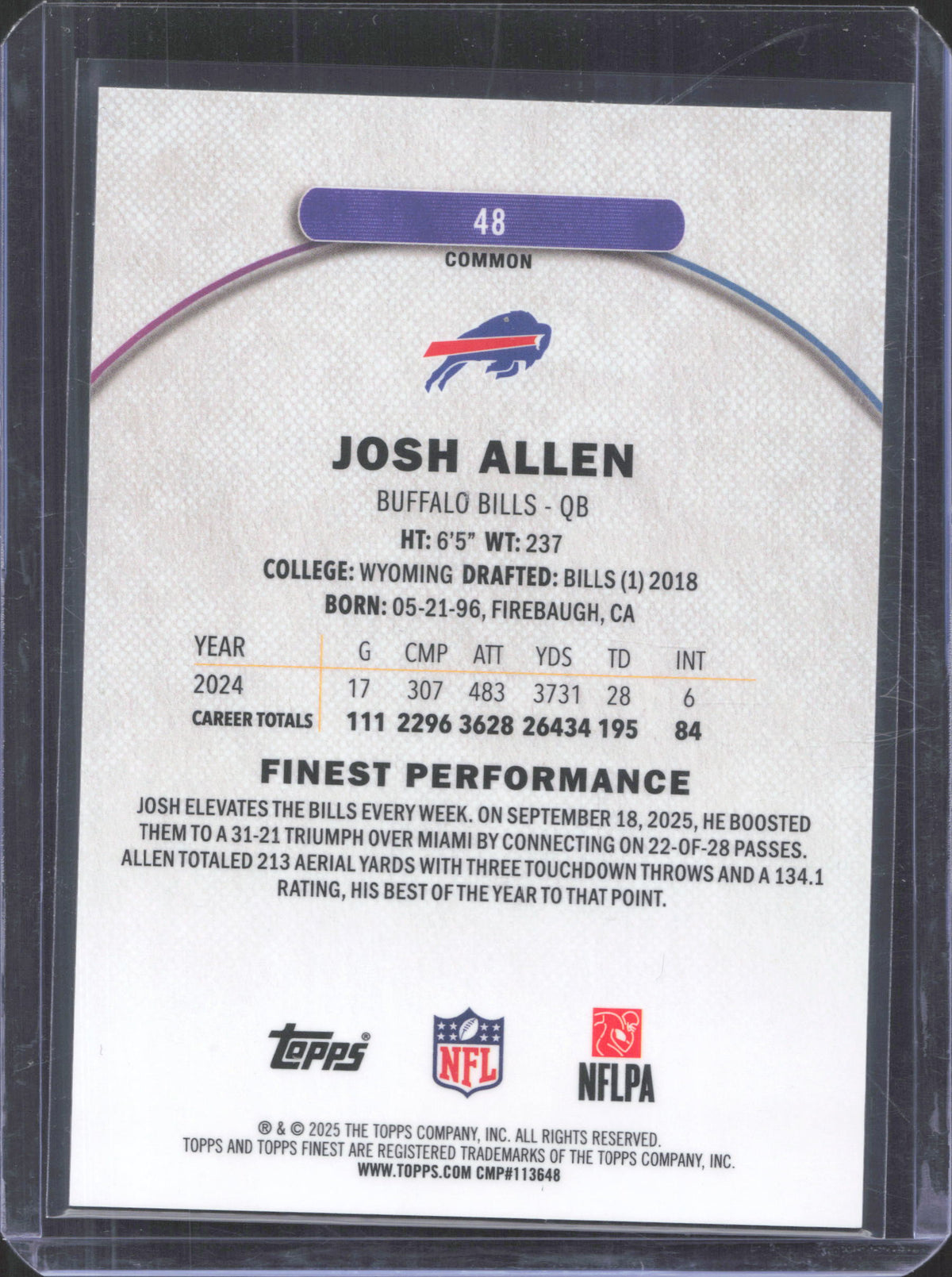 2025 Finest Josh Allen #48 Sky Blue Refractor /325