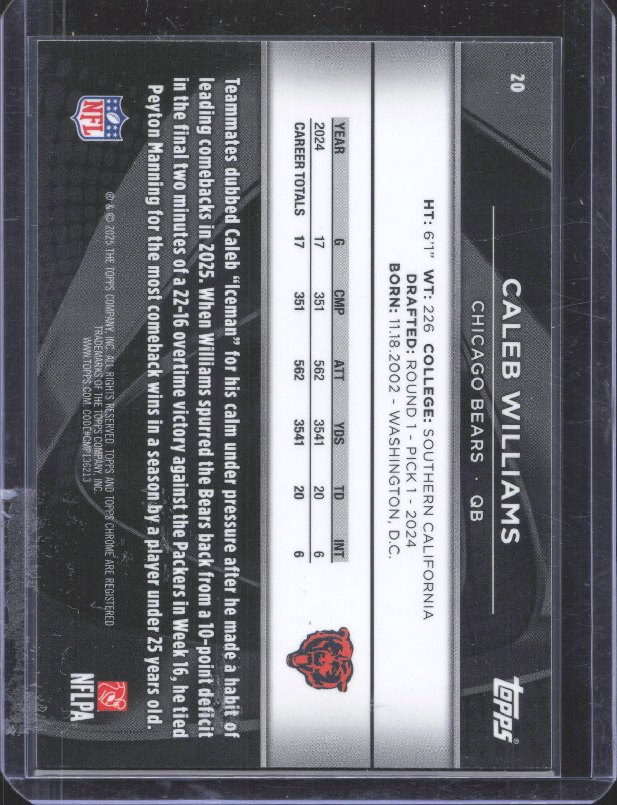 2025 Topps Chrome Black Caleb Williams #20 Green Refractor /99
