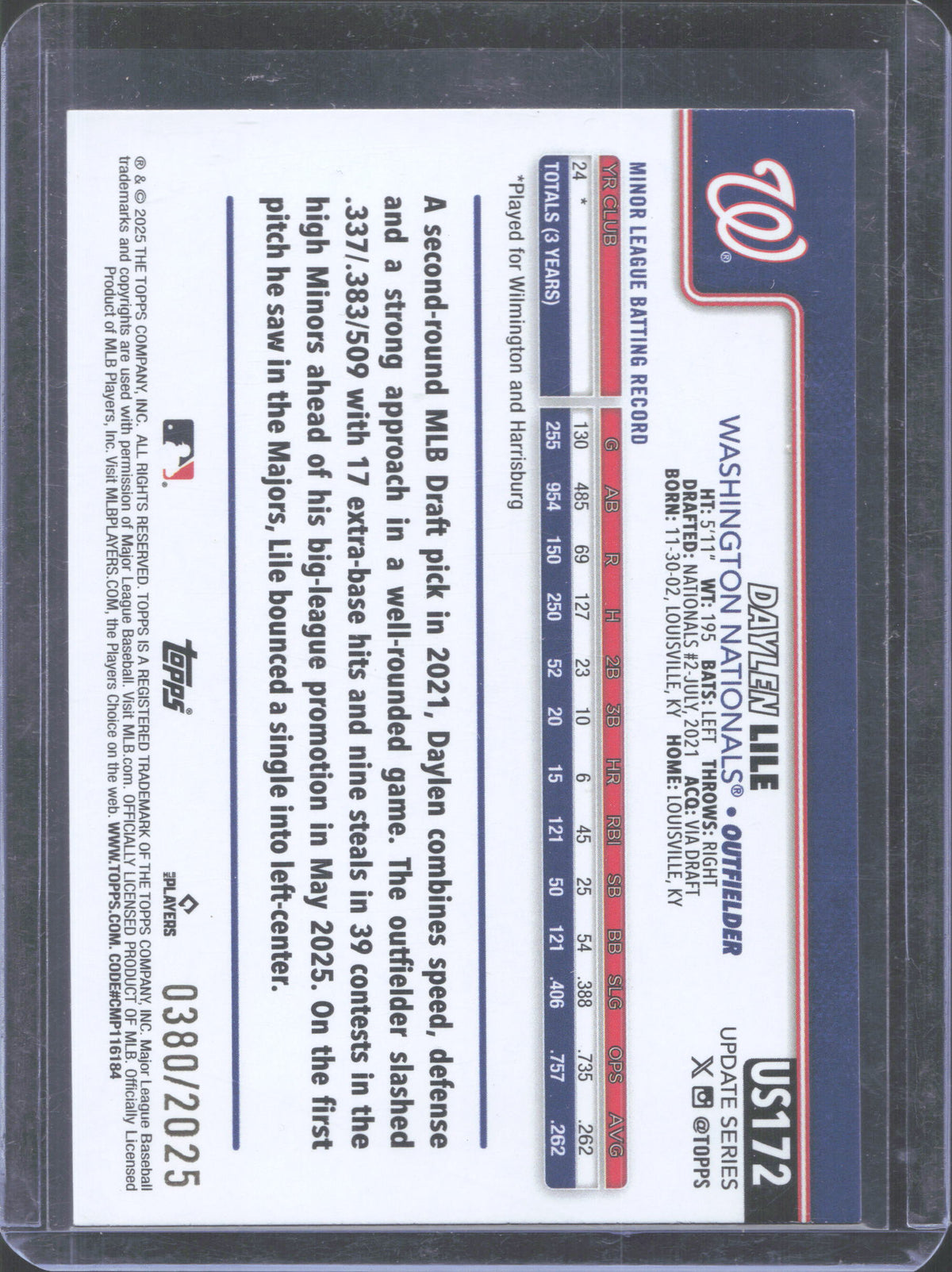 2025 Topps Update Daylen Lile #US172 Gold /2025