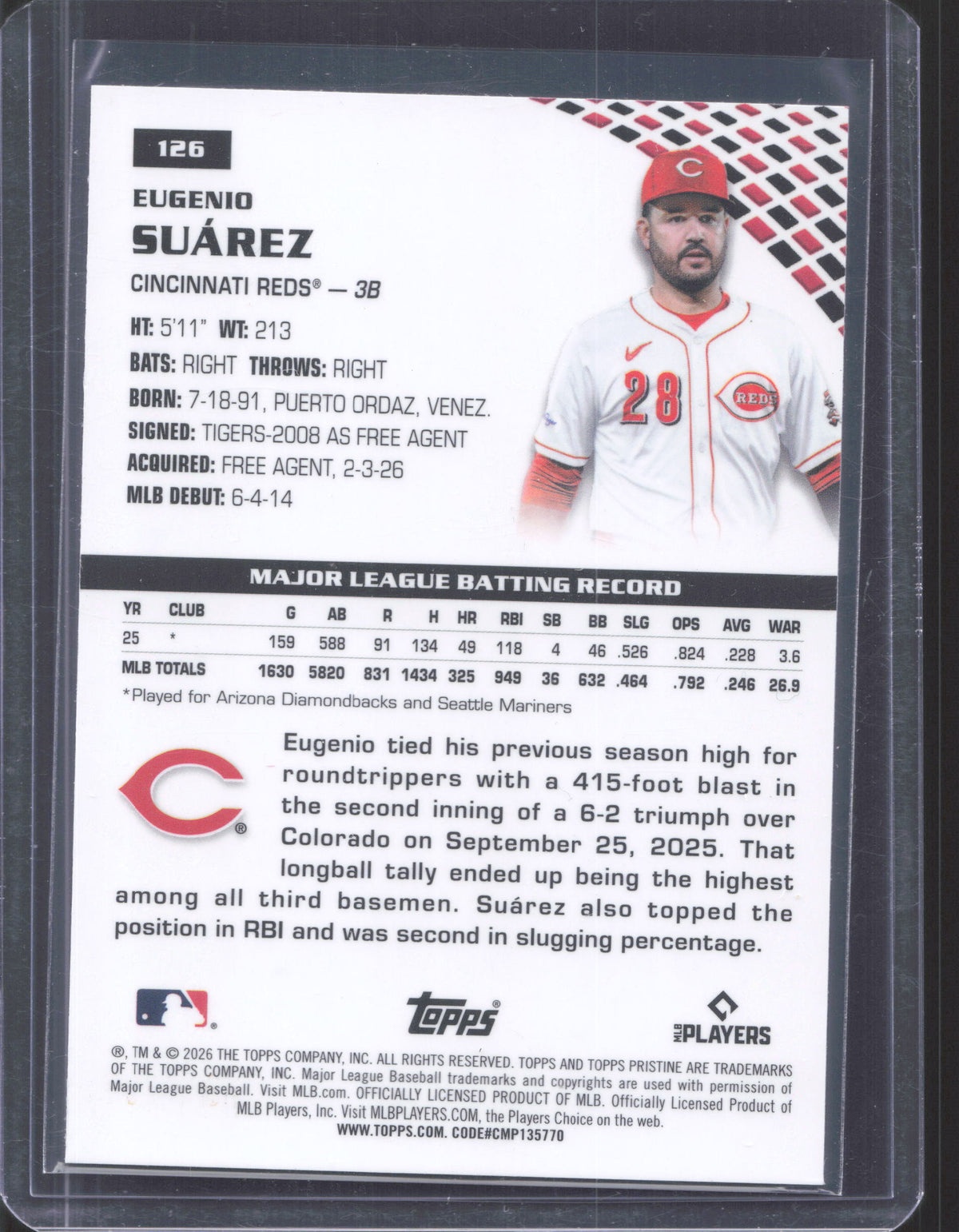 2026 Topps Pristine Eugenio Suárez #126 Aqua Refractor /199