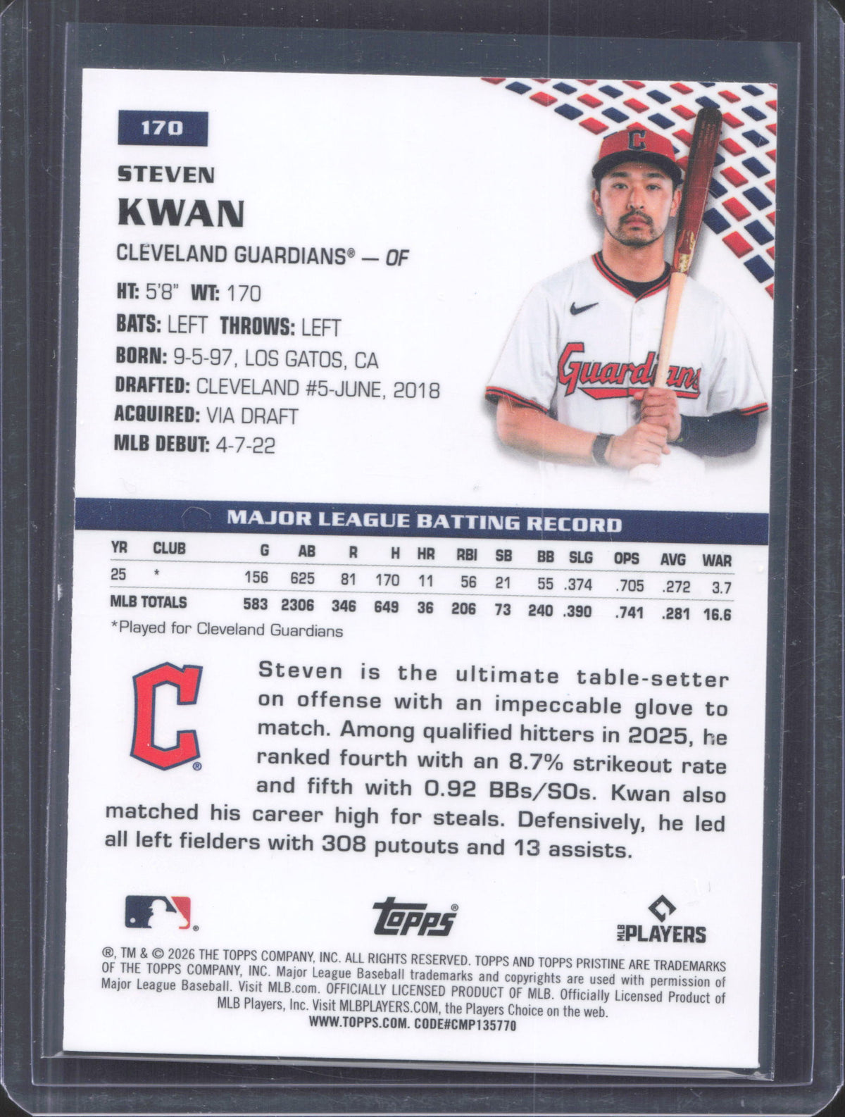 2026 Topps Pristine Steven Kwan #170 Green Refractor /150
