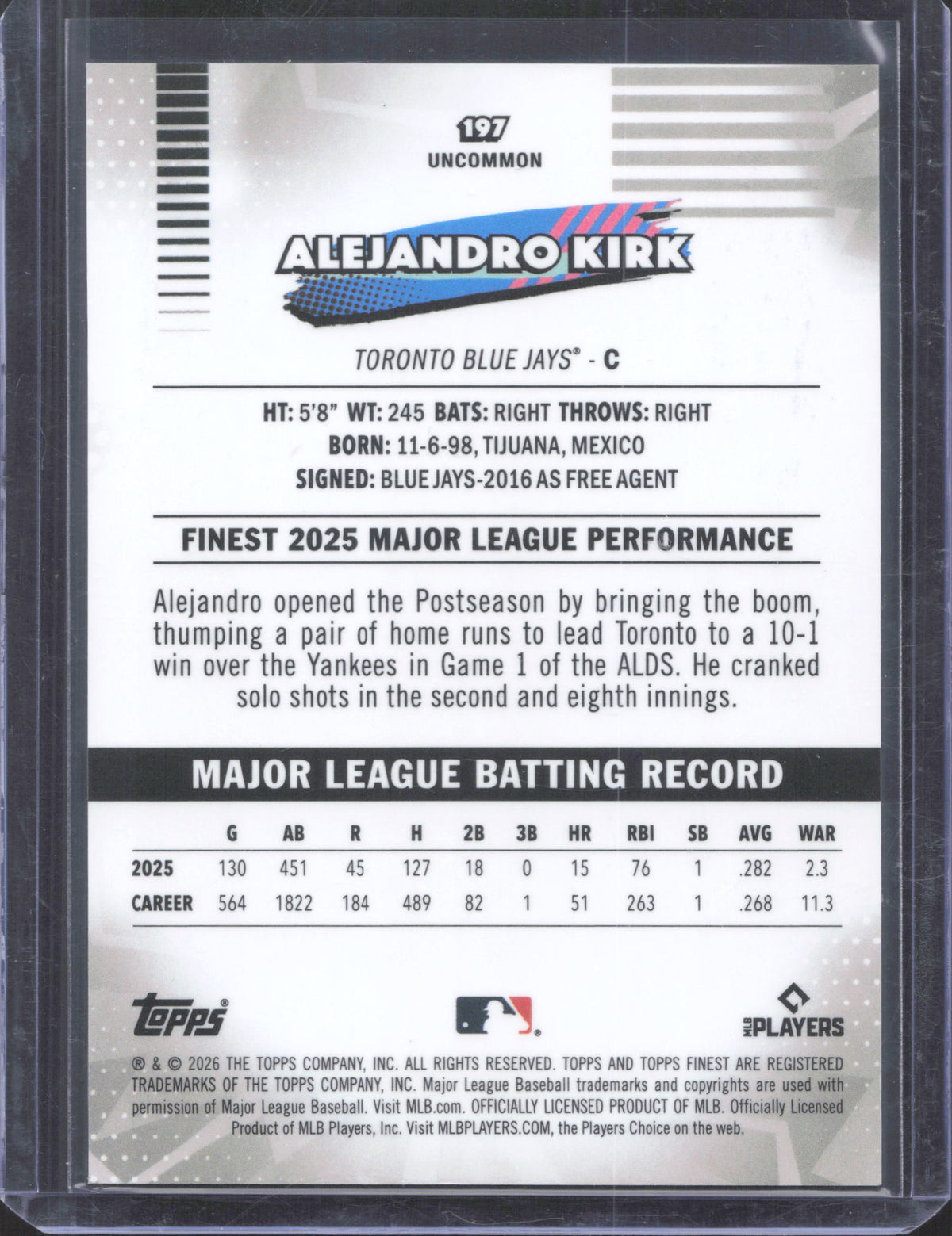 2026 Finest Alejandro Kirk #197 White X-Fractors /30