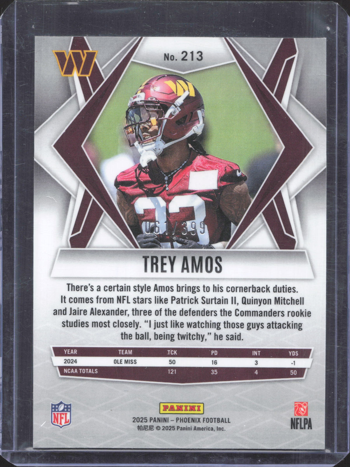 2025 Panini Phoenix Trey Amos #213 Red Winter Prizm 061/399