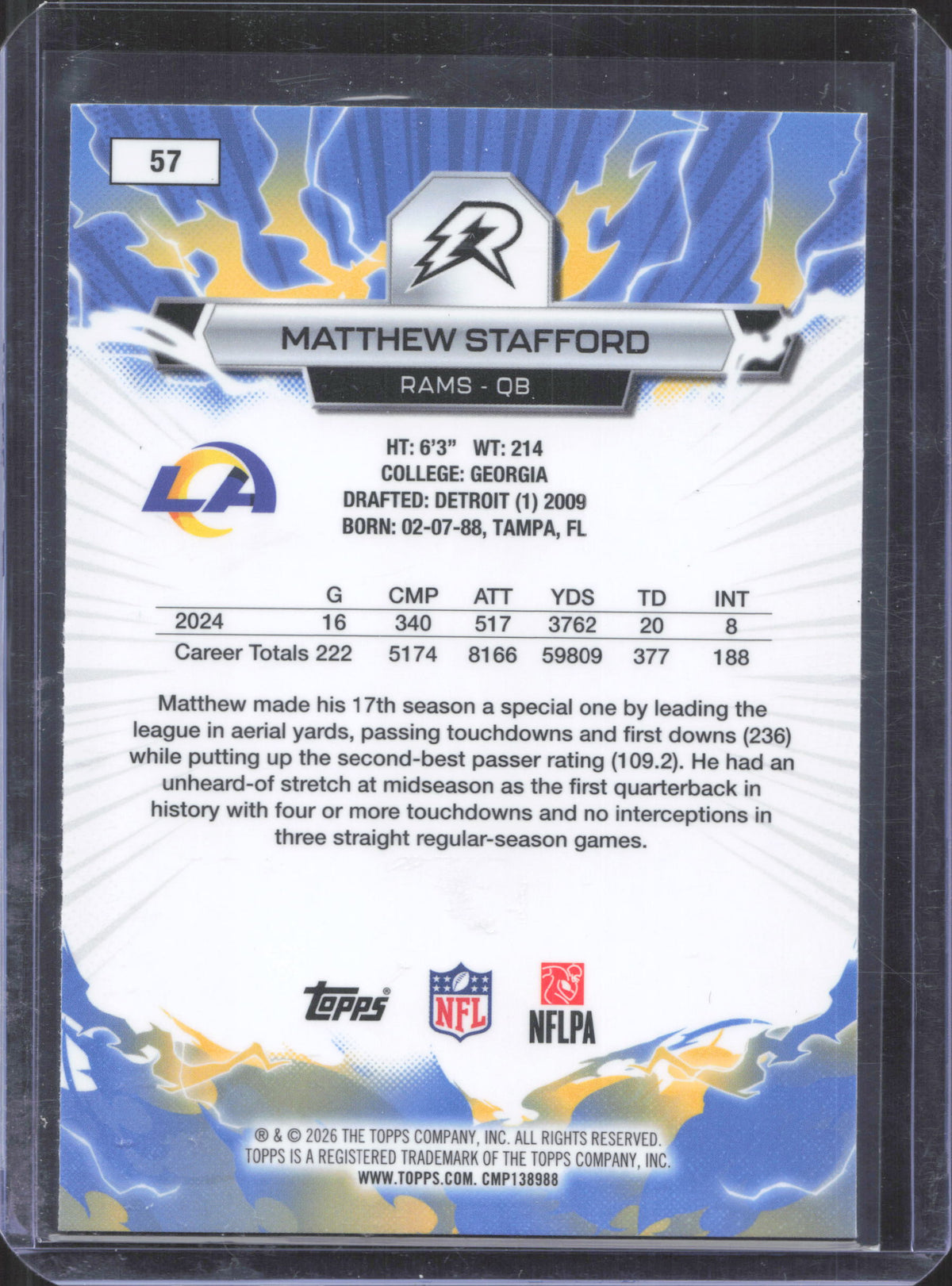 2025 Topps Resurgence Matthew Stafford #57 Sky Blue & Pink Shock Refractor