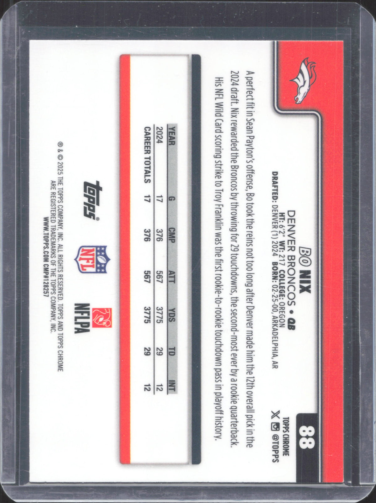 2025 Topps Chrome Bo Nix #88 Leather Pigskin Refractor