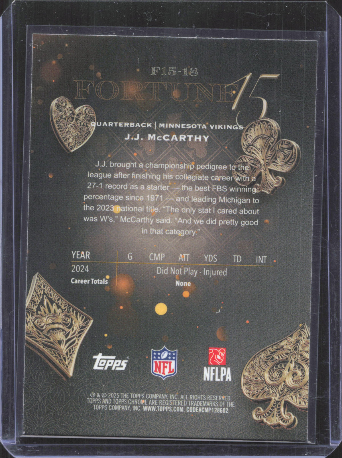 2025 Topps Chrome J.J. McCarthy #F15-18 Fortune 15