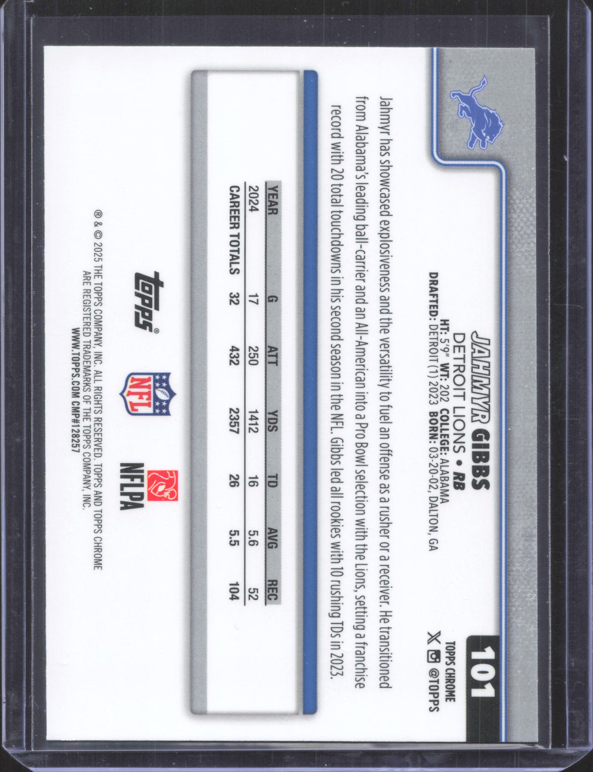 2025 Topps Chrome Jahmyr Gibbs #101 X-Fractor Hot Pink