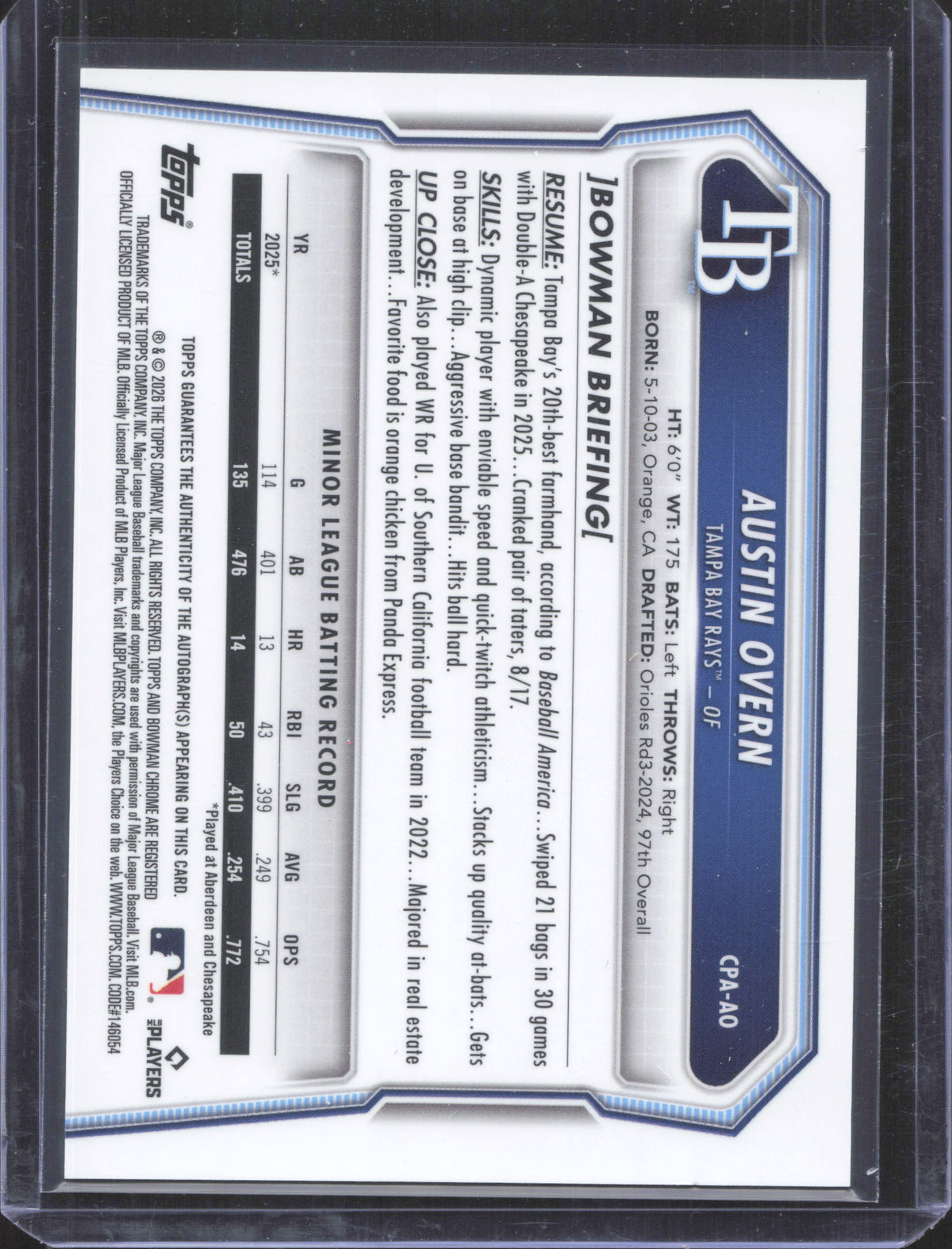2026 Bowman Chrome Austin Overn #CPA-AO Prospect Autographs Blue Ink