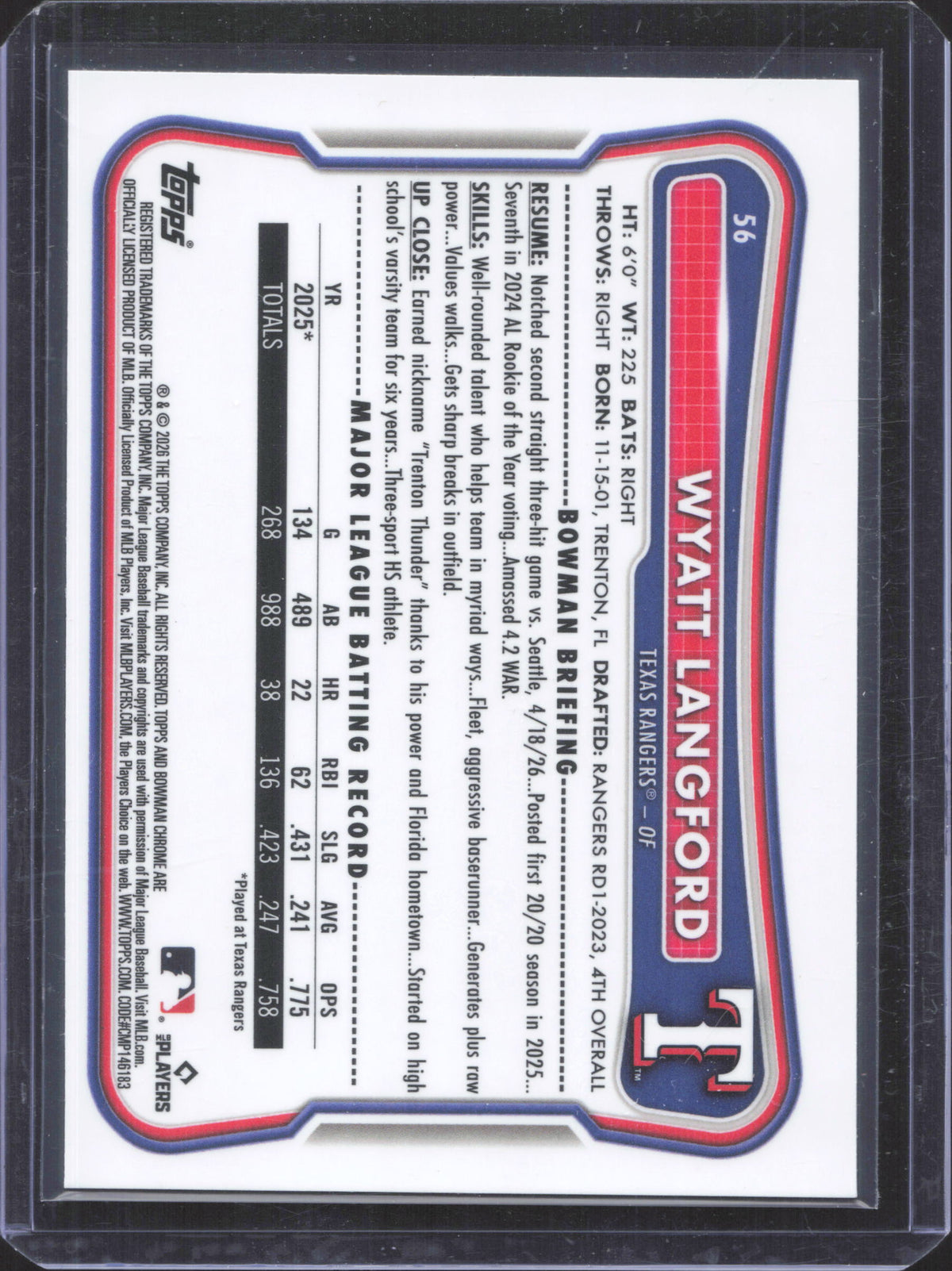 2026 Bowman Chrome Wyatt Langford #56 Purple Geometric Refractor 213/250