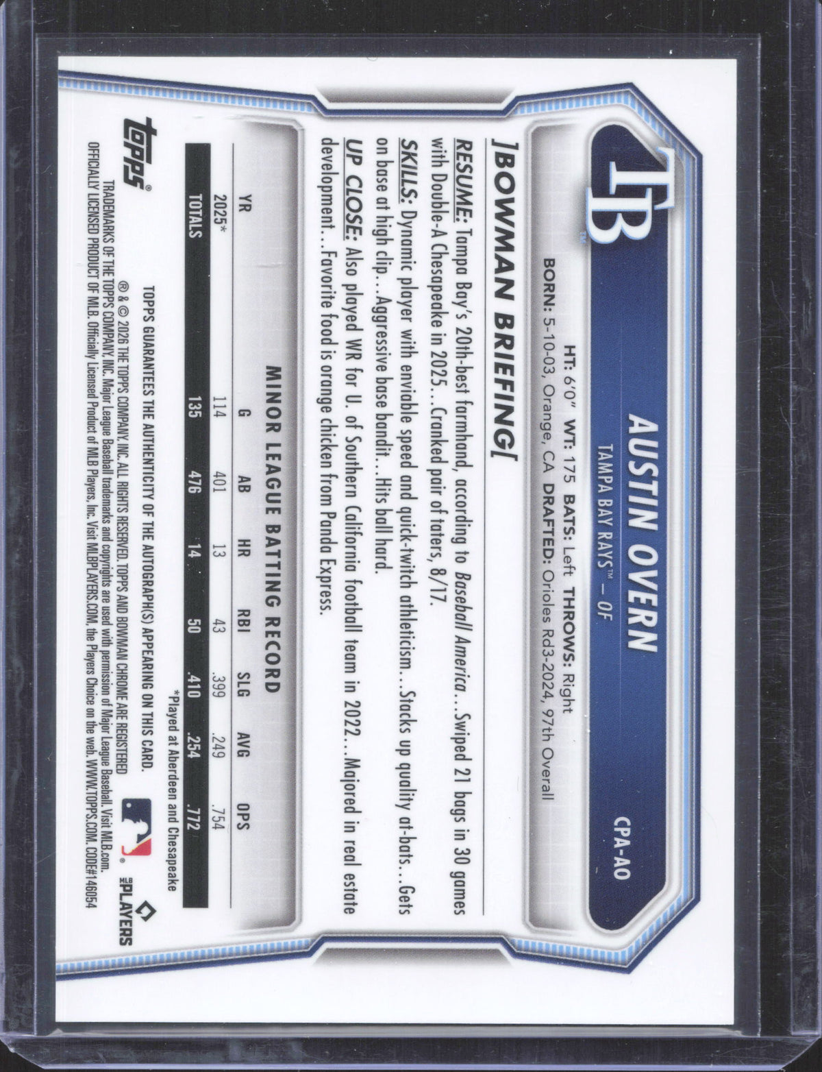 2026 Bowman Chrome Austin Overn #CPA-A0 Black and White Mojo Auto 9/15
