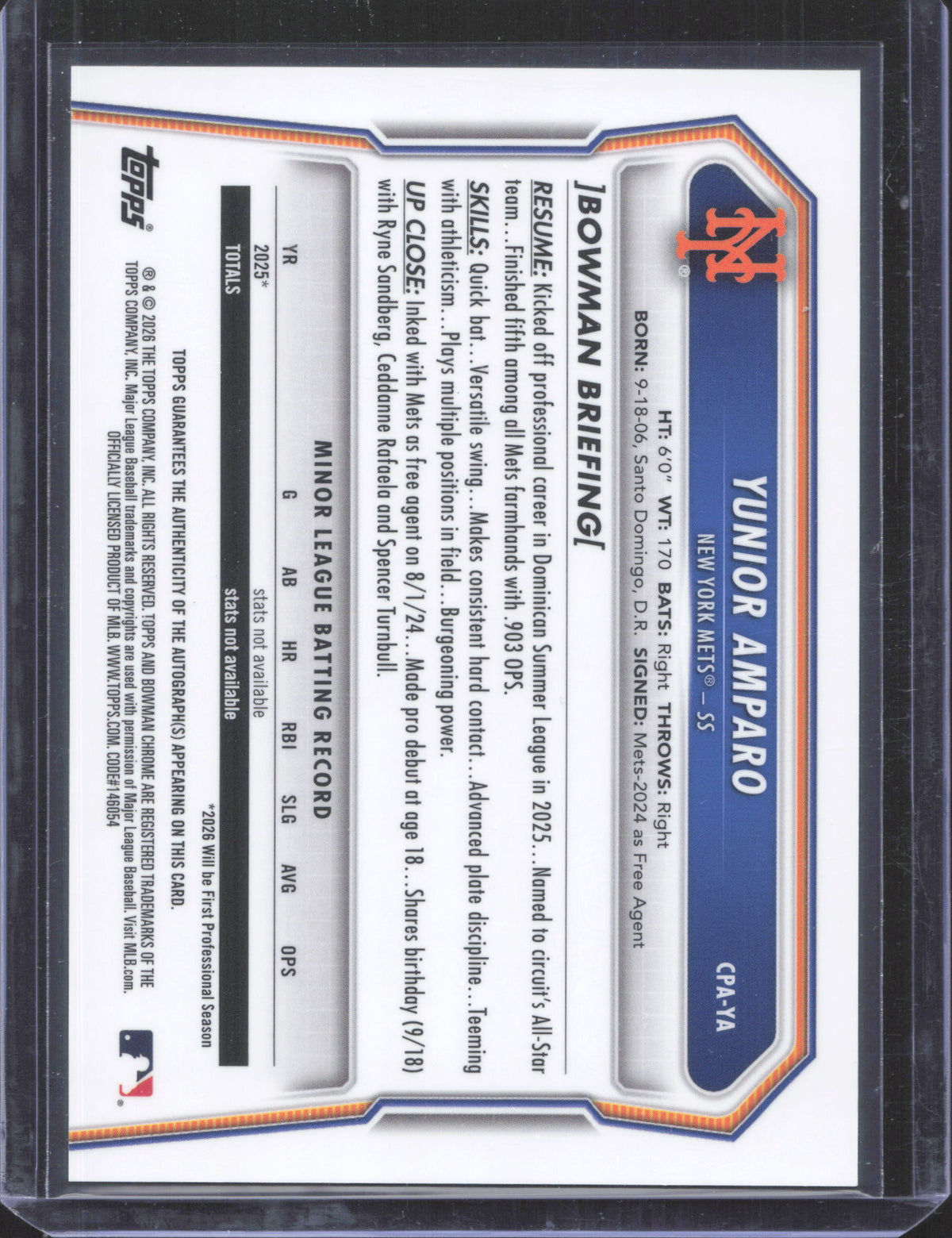 2026 Bowman Chrome Yunior Amparo #CPA-YA Autographs Purple Refractor 194/199