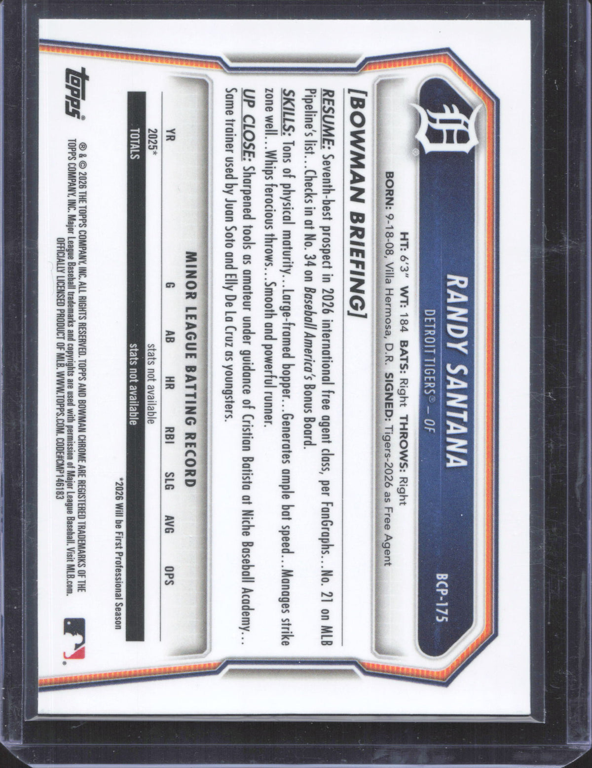 2026 Bowman Chrome Randy Santana #BCP-175 Prospects Fuchsia Geometric 211/299